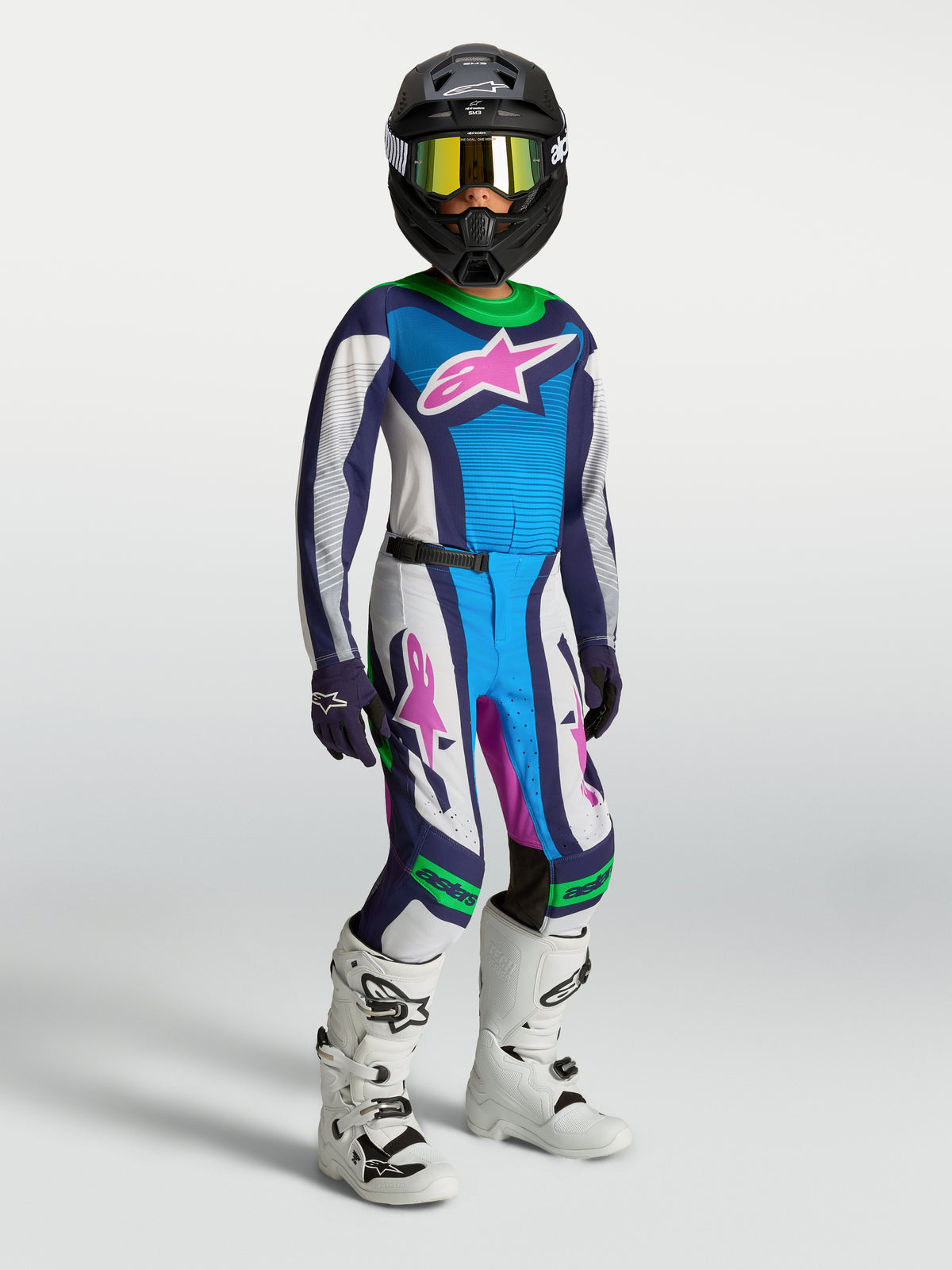 Alpinestars Jeugd Supertech Maven broek, motorcrossbroek voor jeugd, blauw en wit met groen, atletische performance-fit.