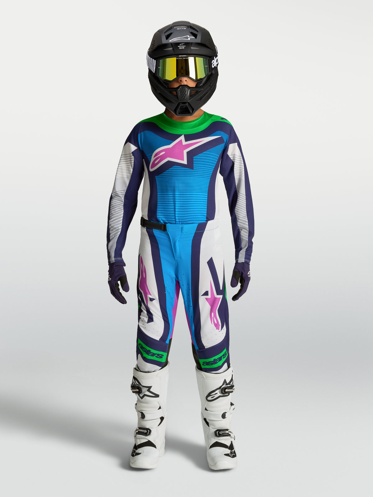 Alpinestars jeugd Supertech Maven broek en jersey, blauw en wit met fluorescerend groen, atletische pasvorm voor motocross.