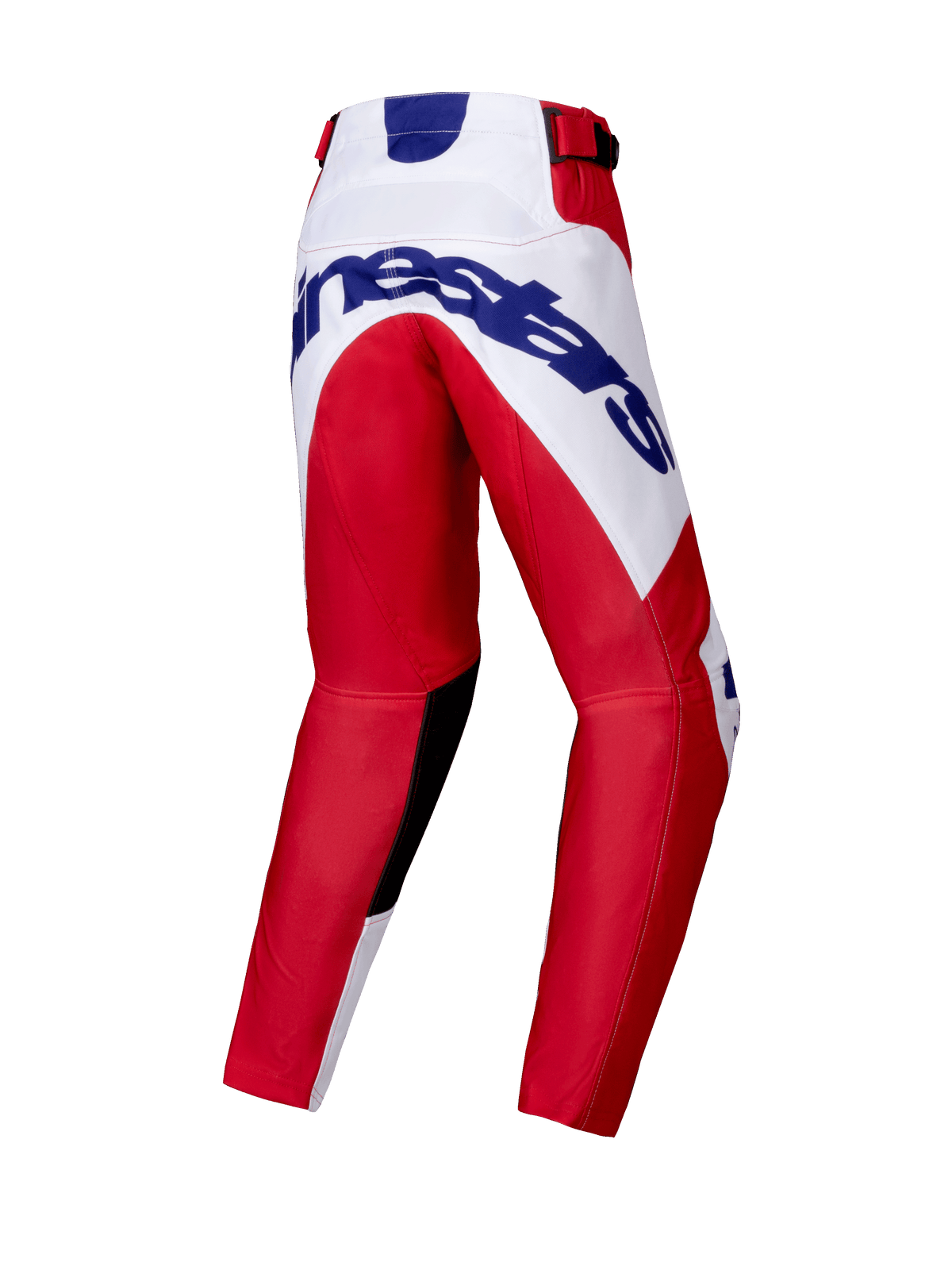 Alpinestars 2025 Youth Racer Veil broek, jeugd motorcross broek, felrood en wit, achteraanzicht met een groot blauw Alpinestars-logo op het zitvlak, voorgevormd beenontwerp, zwarte panelen aan de binnenkant van de knieën en een ratelsluiting in de taille.
