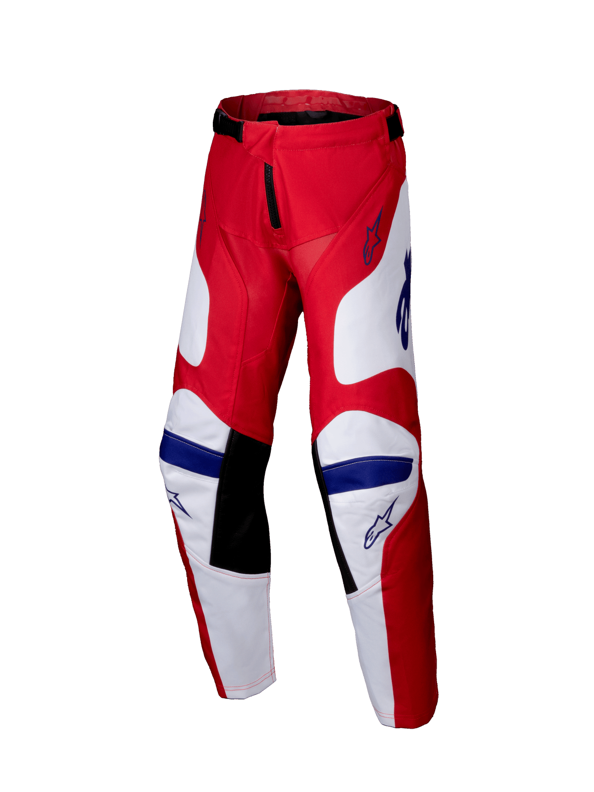 Alpinestars 2025 Youth Racer Veil Pants, motorcrossbroek, felrood en wit met blauwe accenten, zwarte panelen aan de binnenzijde van de knie, ergonomisch voorgevormd ontwerp en duurzaam polyfabric voor off-road racing