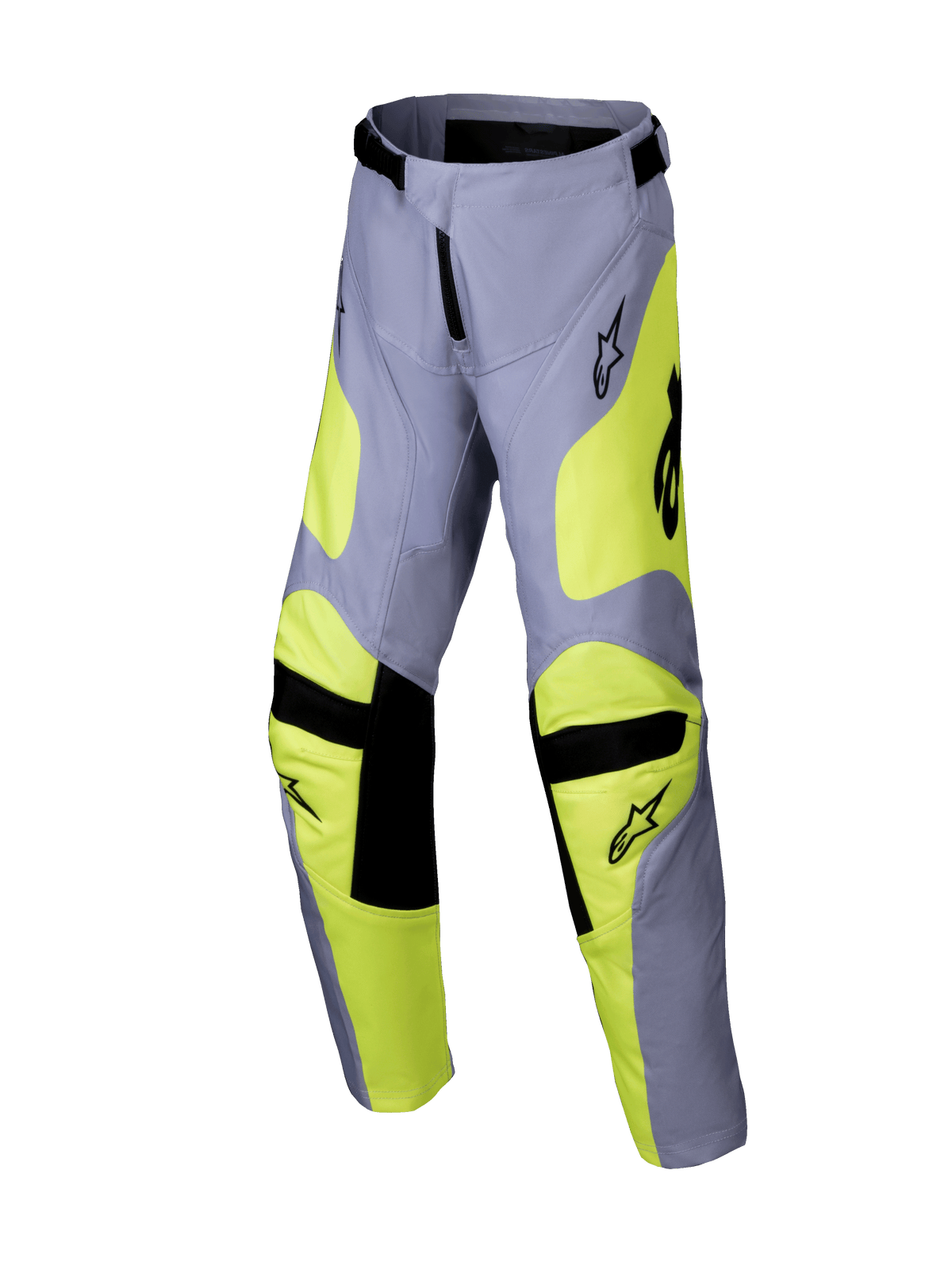 Alpinestars 2025 Youth Racer Veil Pants, Motocross Pants, Gray and Yellow Fluo, black accents on knees and waist, sporty design with pre-curved legs and logos, durable off-road racing gear