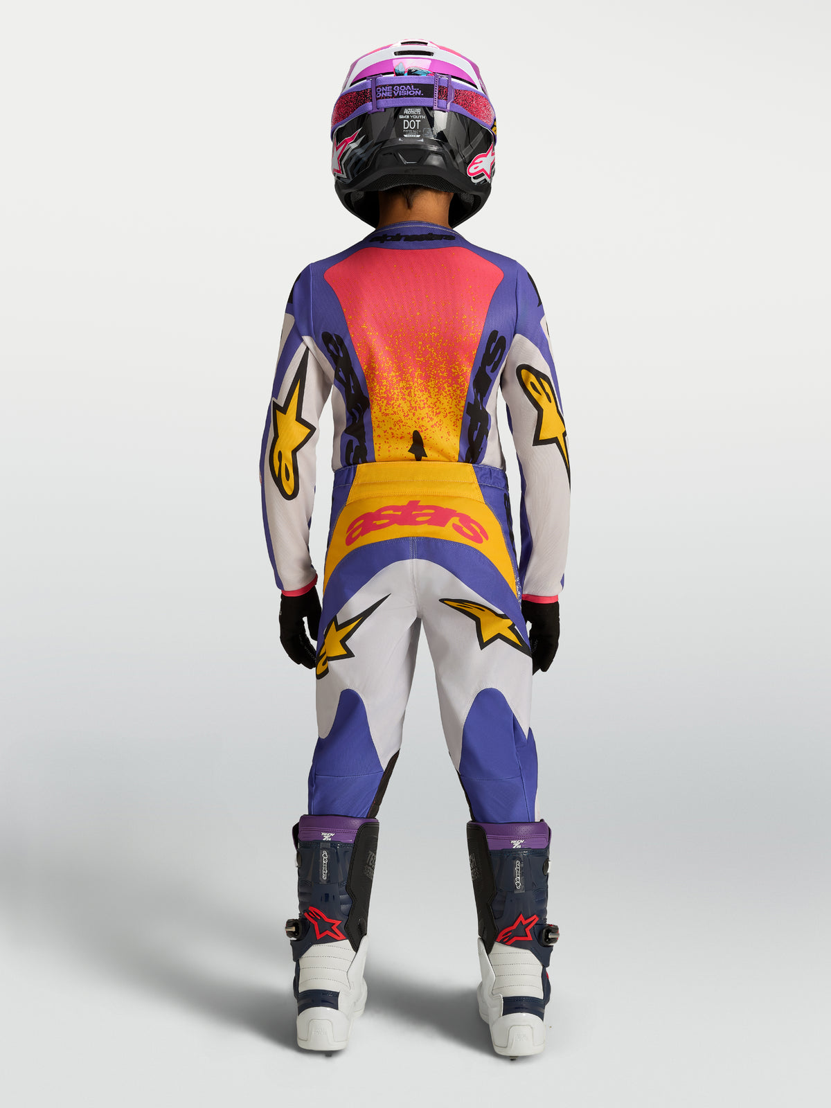 Alpinestars Jeugd Fluid Drag Broek, blauw-witte motorcrossbroek voor jeugd met gele accenten, duurzame off-road prestaties.