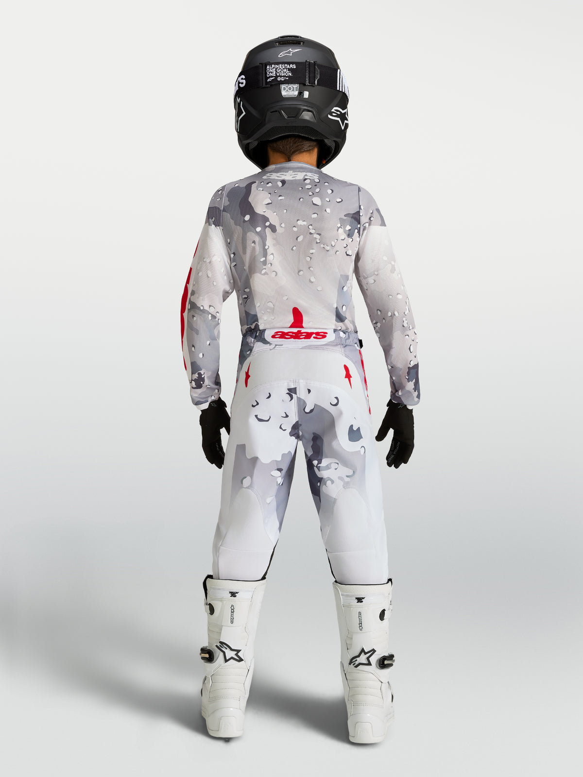 Alpinestars Pantalon Fluid Lone Junior, pantalon de motocross tout-terrain pour enfant, gris camouflage et blanc, vue de dos.