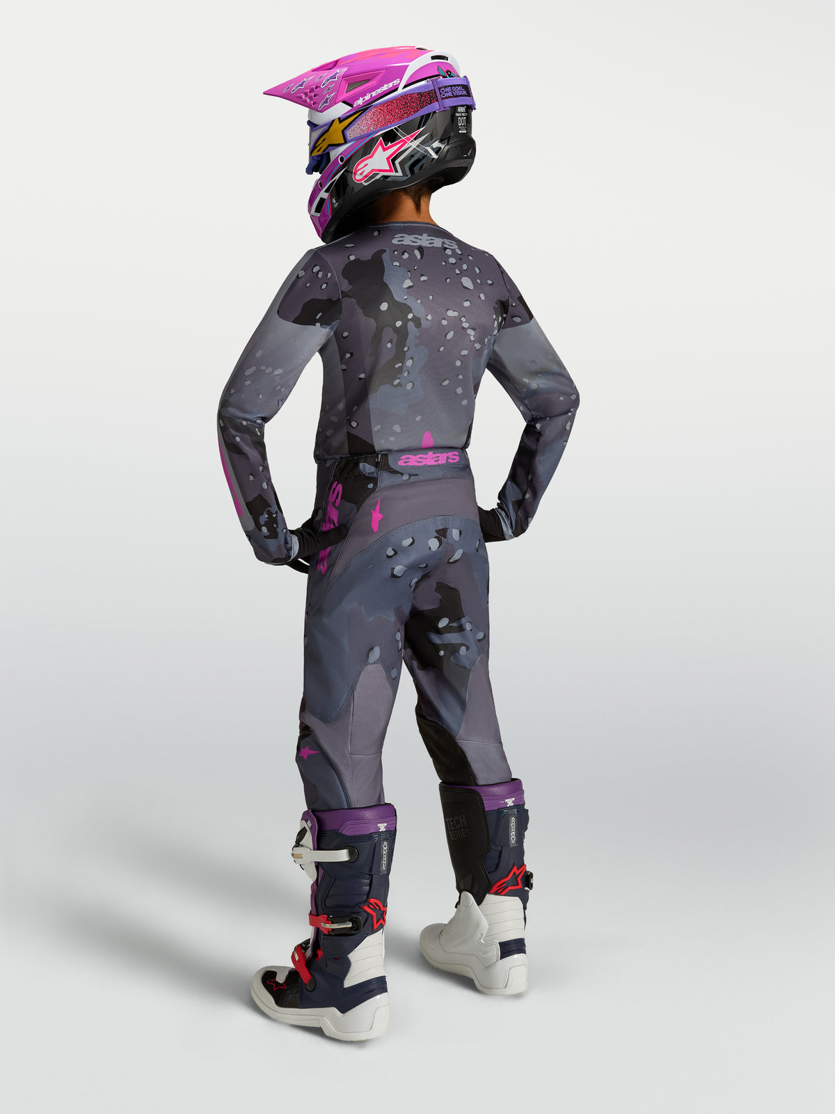 Alpinestars Youth Fluid Lone Pants in Gray Camo Purple, textile motocross racing gear for young off-road riders.