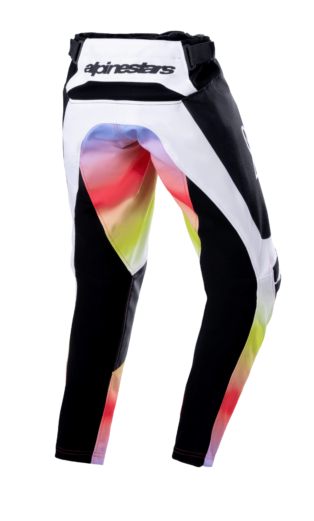 Alpinestars Youth 2023 Racer Semi Pants, Motocross Pants, Black Multicolor, rear view featuring white and black panels with a vibrant color gradient on the seat and inner legs, Alpinestars logo on the back waistband, durable off-road racing design.