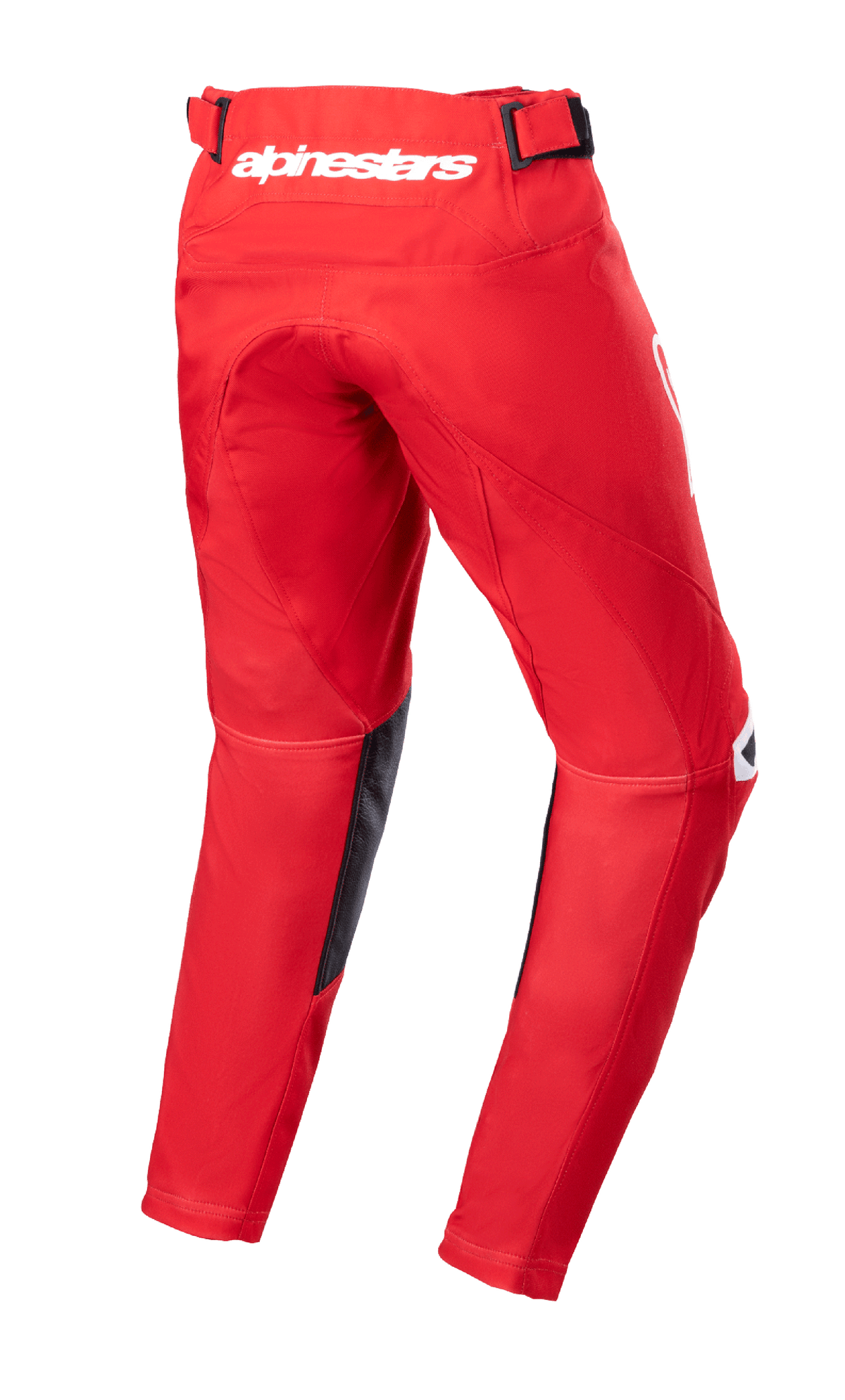 Alpinestars Youth 2023 Racer Narin Hose, Motocross-Hose, Mars Rot und Weiß, Rückansicht mit weißem Alpinestars-Branding am hinteren Bund, Innenbein-Einsätze aus schwarzem Leder, ergonomisch vorgeformtes Design für den Offroad-Einsatz
