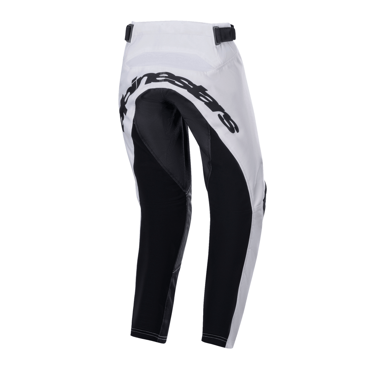 Alpinestars 2024 Youth Racer Lucent broek, motorcrossbroek, wit en zwart, achteraanzicht met grote zwarte verstevigde panelen op het zitvlak en de binnenzijde van de benen, Alpinestars-woordmerk op de achterkant en verstelbare taillebanden voor off-road rijden.