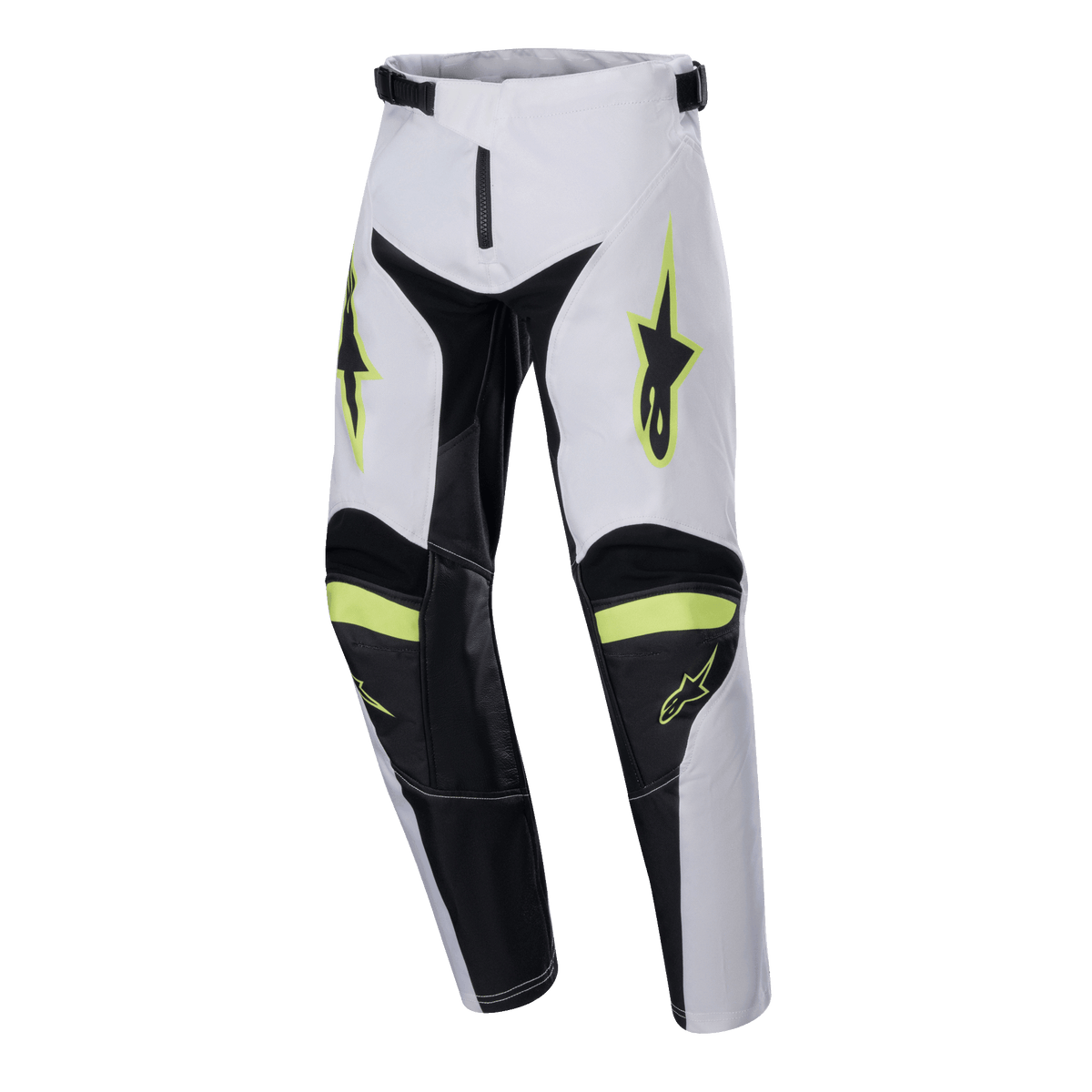 Alpinestars Youth 2024 Racer Lucent broek, motorcrossbroek, wit, zwart en fluogeel, sterlogo's op de dijen, zwarte panelen aan de binnenkant van de benen en knieën, sportief voorgevormd ontwerp voor motorcrossprestaties