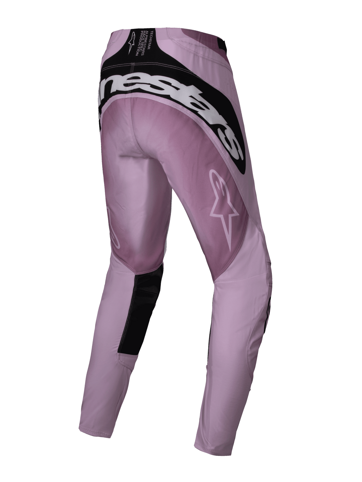 Alpinestars 2025 Stella Techstar Melt dames crossbroek, motorcross broek, blush en zwart, driekwart achteraanzicht met witte Alpinestars-branding op het achterpand, roze ripstop-stof met zwarte accenten, ontworpen voor off-road racing