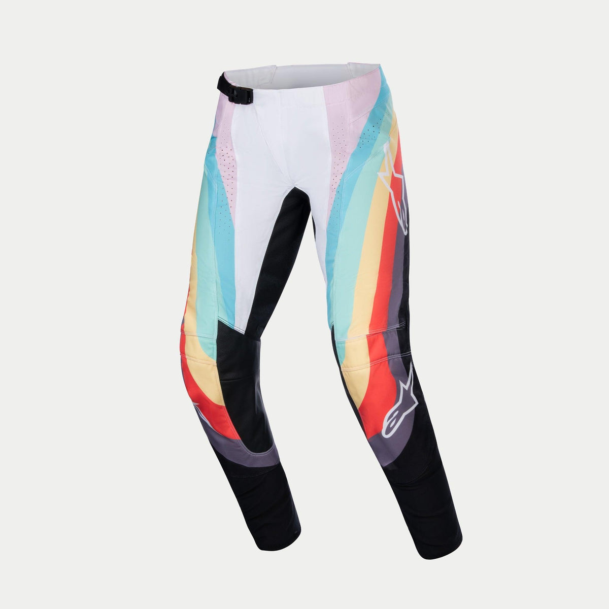 Alpinestars Women Stella 2024 Techstar Pants, Motocross Pants, Black Multicolor with white, teal, yellow, and red graphic panels, featuring a black magnetic waist buckle, Alpinestars logos on the legs, and perforated sections for ventilation, designed for off-road racing.