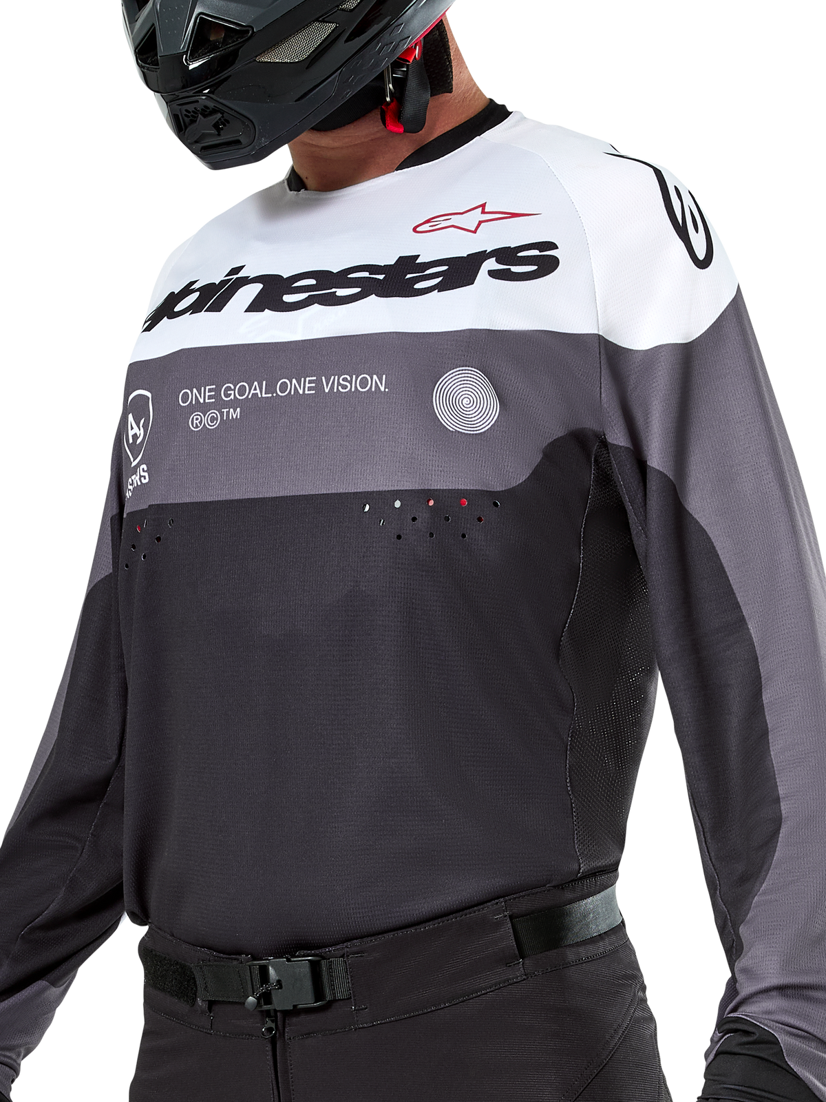 Maillot Alpinestars Pro-Dura, maillot de motocross et d'enduro, Noir Magnétite Blanc, vêtement technique tout-terrain avec perforations découpées au laser et construction en tissu poly respirant.