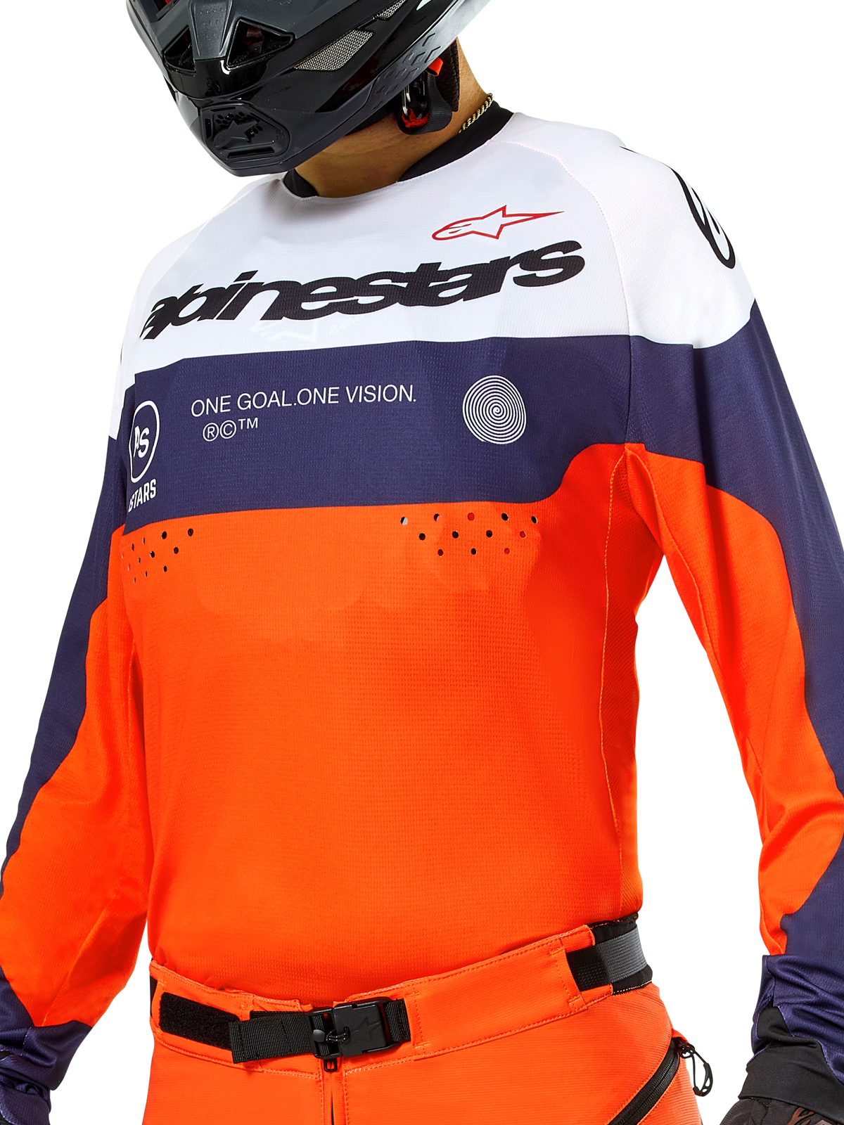 Alpinestars Pro-Dura Jersey, motorcross- en enduroshirt, Navy, Hot Orange en wit, lichtgewicht textiel met ademende constructie, lange mouwen met stretchmanchetten, sportief off-road ontwerp