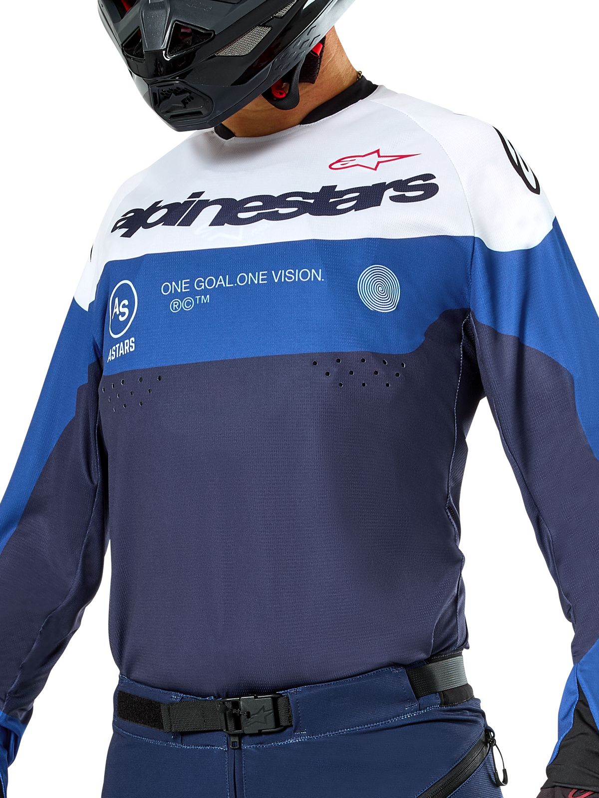 Maillot Alpinestars Pro-Dura, maillot d'enduro et de motocross, bleu marine, bleu vif et blanc, coupe athlétique avec marquage audacieux, construction textile durable pour la performance tout-terrain