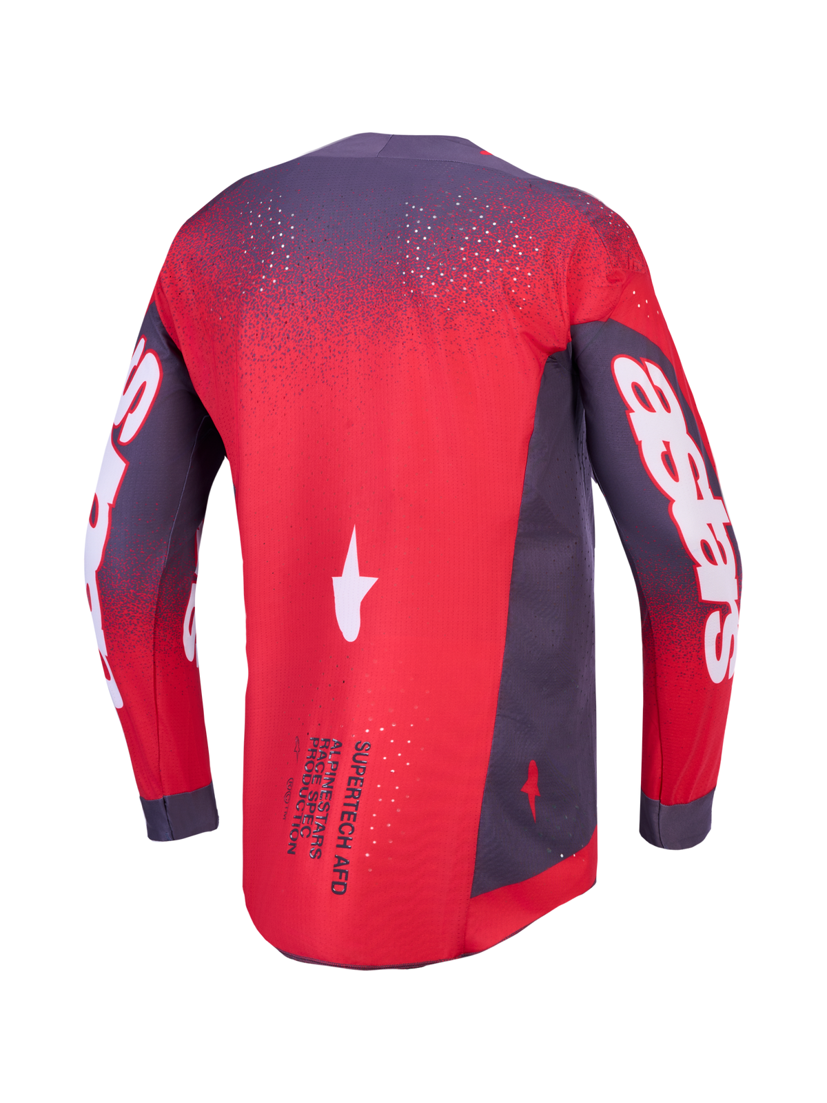 Alpinestars Supertech Hiten AFD jersey, geventileerde heren-motorcrossjersey, fluo rood en grijs, achteraanzicht.