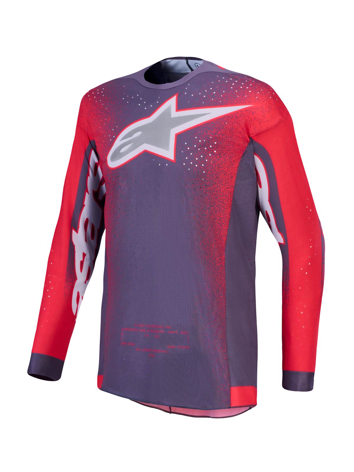 Alpinestars Supertech Hiten AFD motorcrossjersey voor heren, grijs en fluo rood, geventileerd stretch-mesh.