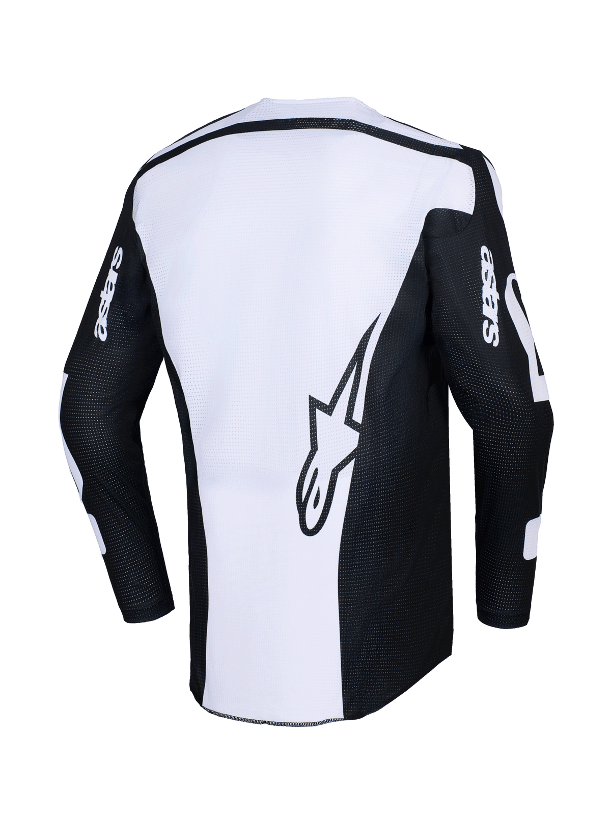 Alpinestars 2026 Racer Air Riway Jersey, maillot de motocross, noir et blanc, vue arrière montrant un grand logo étoile sur panneau blanc, manches noires avec logo 'astars', tissu en mesh perforé pour la circulation de l'air, équipement technique de pilotage tout-terrain