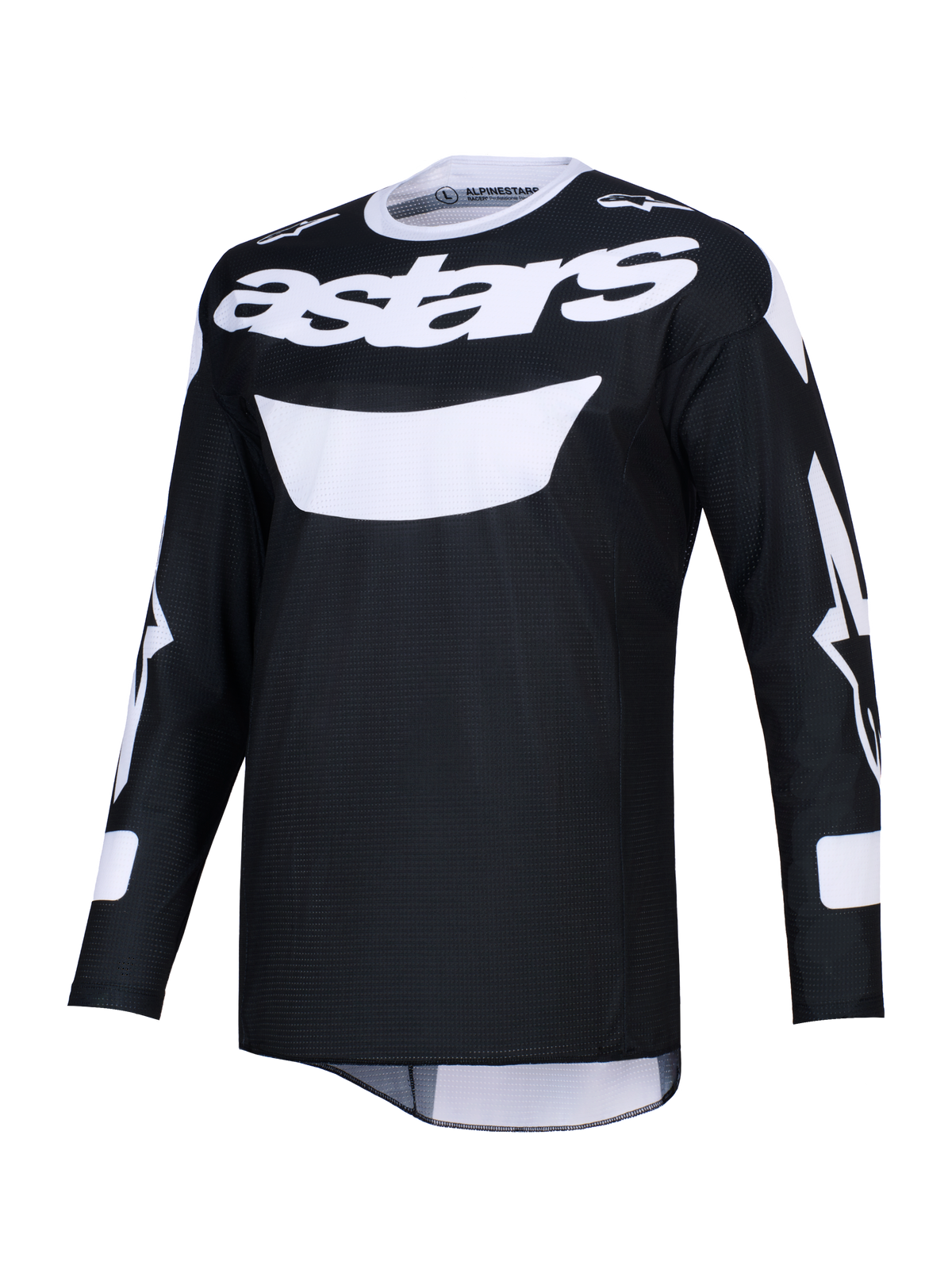 Alpinestars 2026 Racer Air Riway Jersey, maillot de motocross noir et blanc, avec logo astars blanc sur la poitrine, tissu en mesh léger pour une circulation d'air élevée, manches longues et coupe athlétique pour la performance tout-terrain.