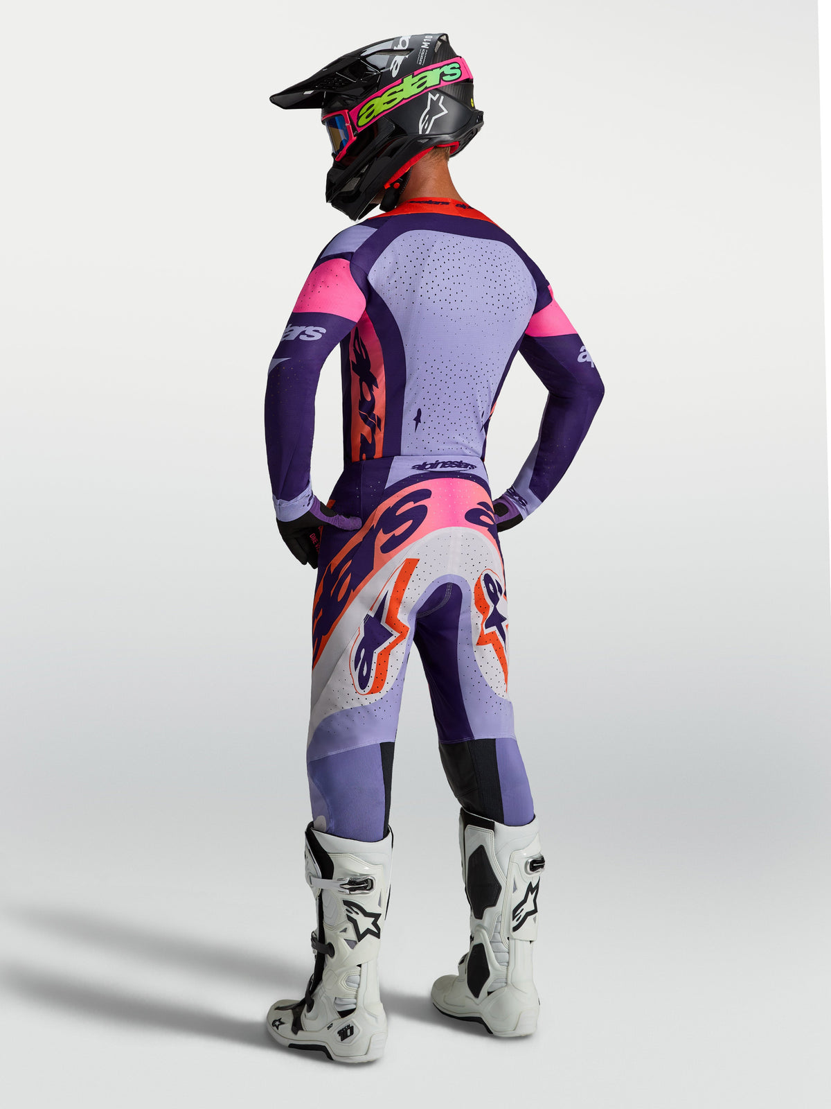 Alpinestars Supertech Dyna, maillot de motocross pour homme, vue de dos, violet et rose, maille extensible ventilée