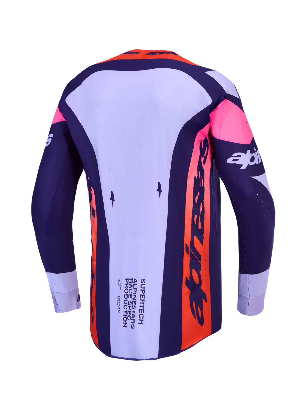 Alpinestars Supertech Dyna, maillot de motocross pour homme, violet et rose fluo, vue de dos, maille extensible ventilée.