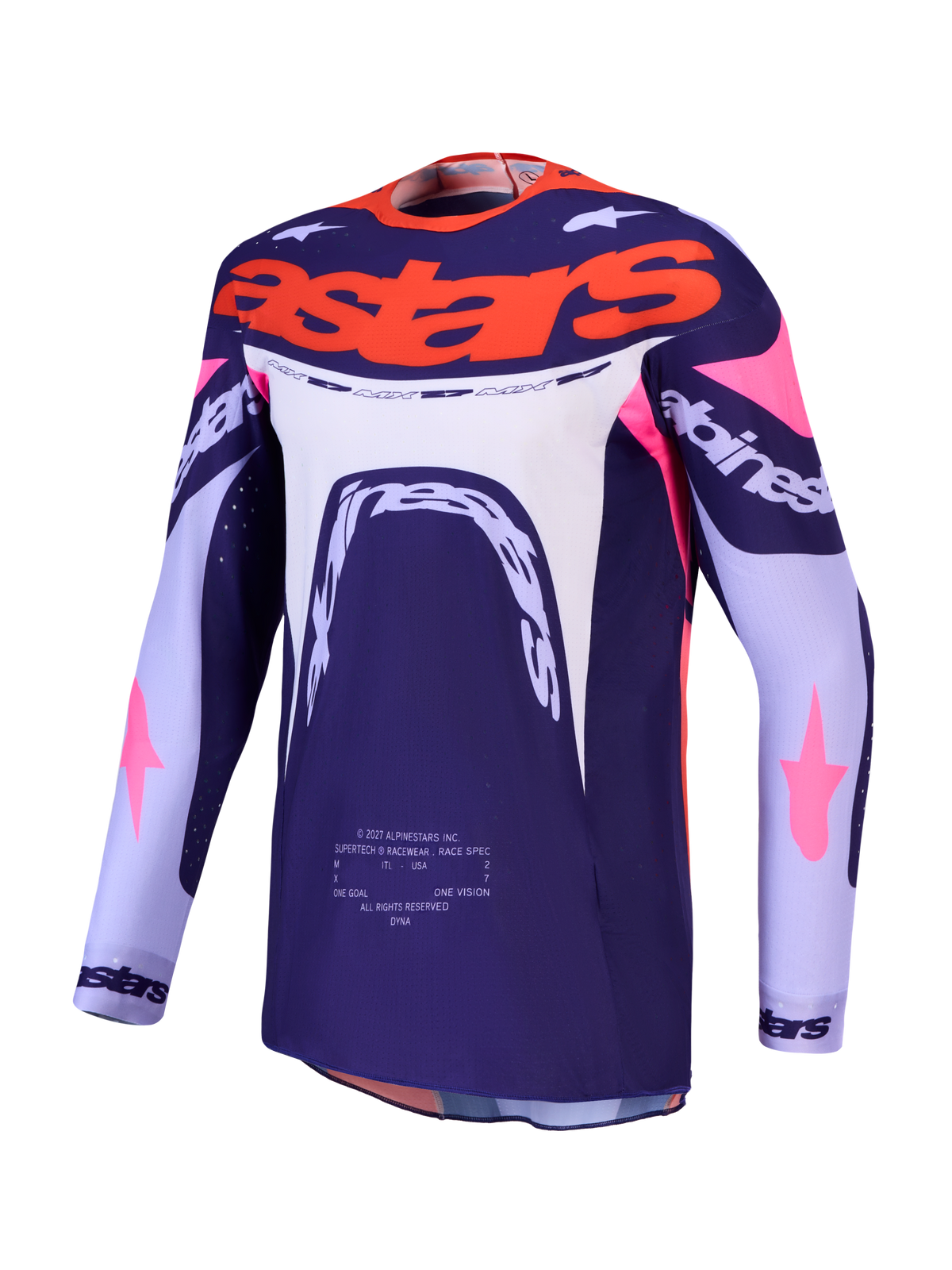 Maillot Alpinestars Supertech Dyna, maillot de motocross violet et rose fluo, maille extensible ventilée, coupe athlétique