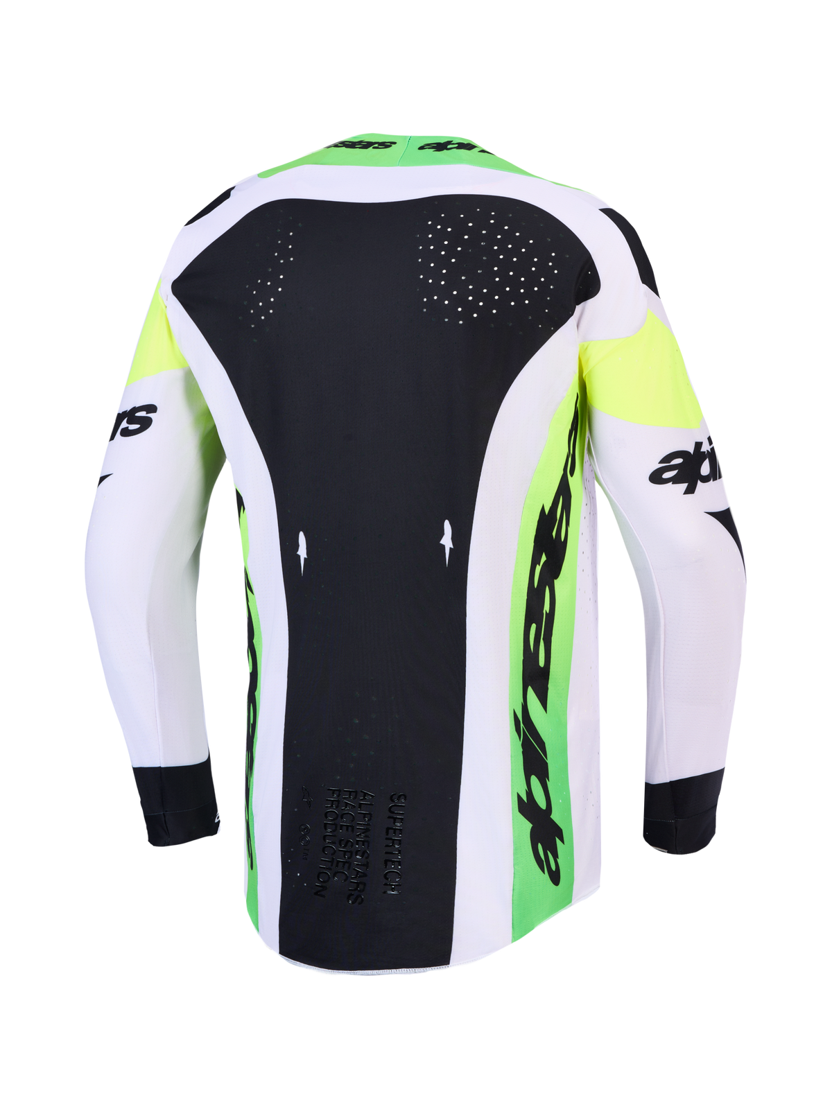 Maillot Alpinestars Supertech Dyna 2027 et ensemble MX, haut vert et noir avec ventilation dorsale découpée au laser.