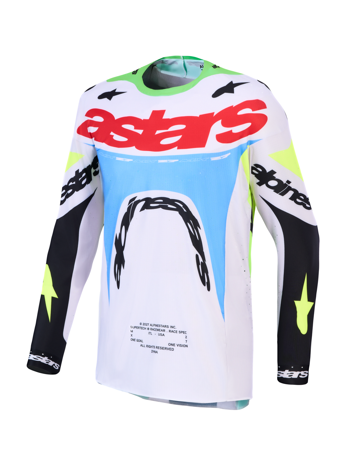 Alpinestars Supertech Dyna 2027, maillot de motocross pour homme, blanc et vert fluo, mesh extensible et coupe athlétique.