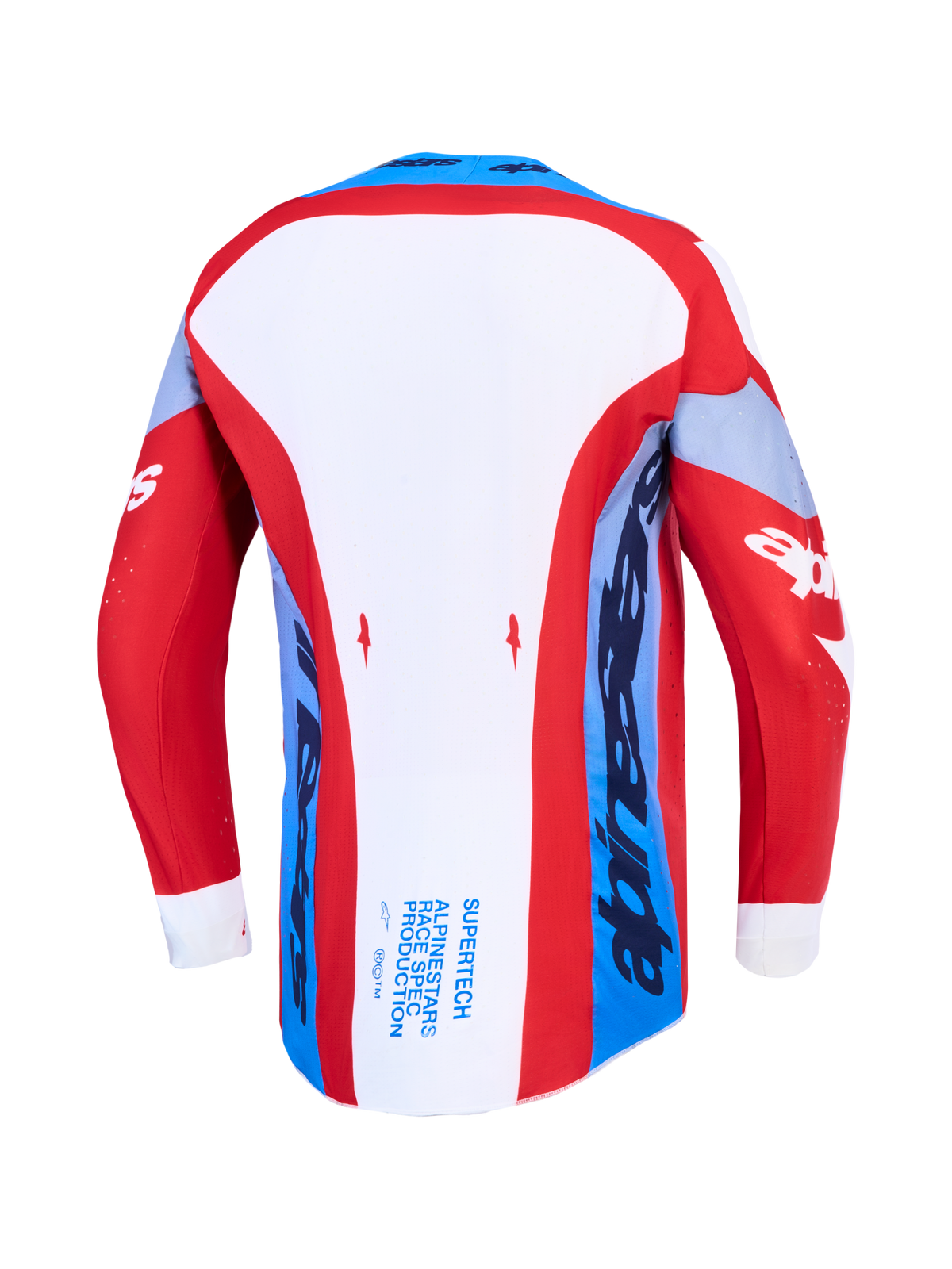Alpinestars Supertech Dyna jersey, rood, wit en blauw motocrossjersey, achteraanzicht met verlengde achterzoom