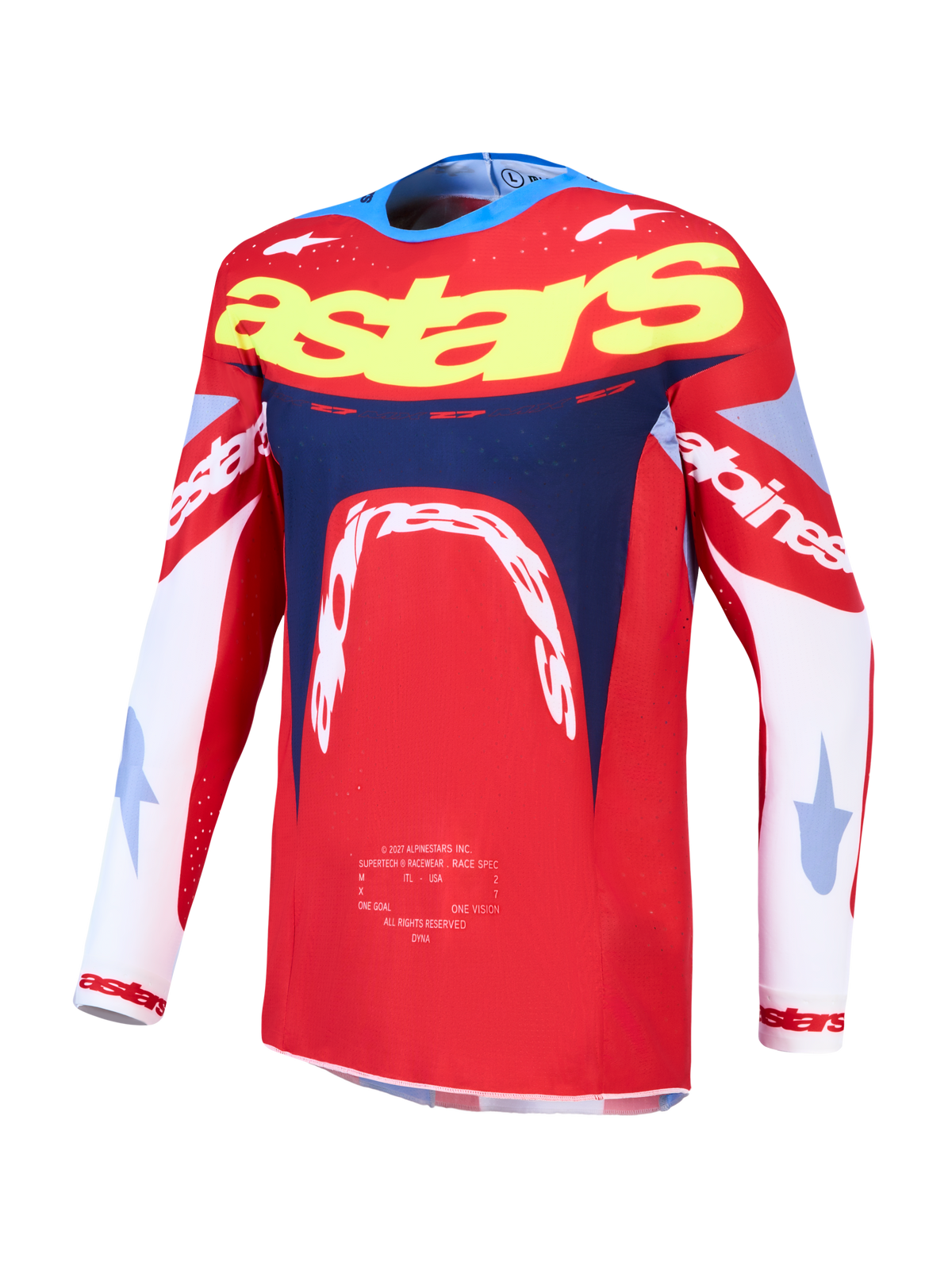 Alpinestars Supertech Dyna jersey, heren motorcrossjersey voor racing, rood en navyblauw, lichtgewicht stretch-mesh constructie met atletische pasvorm.