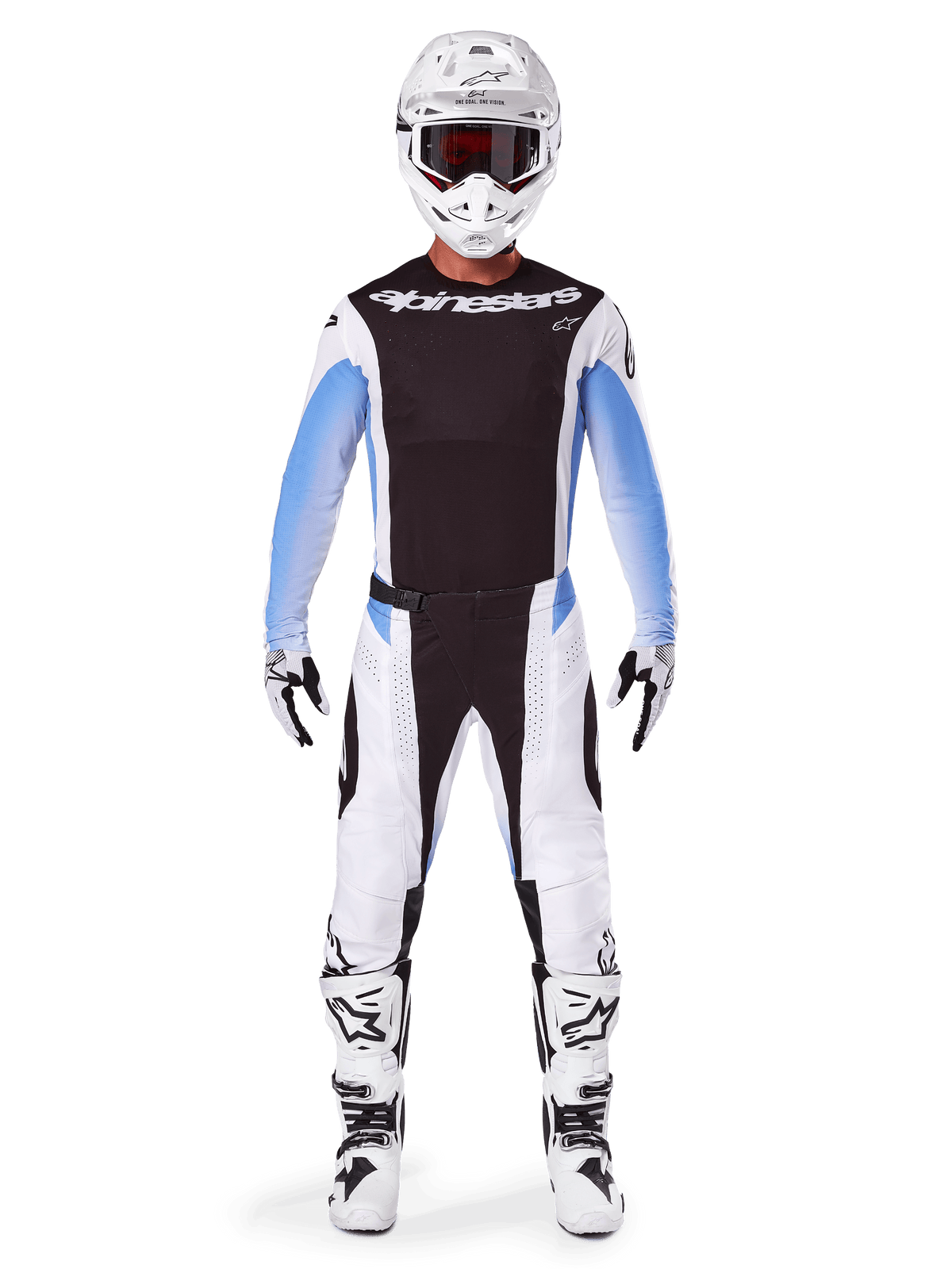 Motocross rider wearing complete Alpinestars 2025 Techstar Melt gear, black jersey with light blue gradient sleeves, white pants with black and blue accents, white helmet with black goggles, white and black boots and gloves, coordinated MX gear set for off-road racing