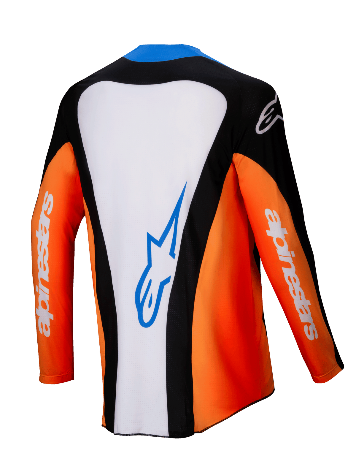 Alpinestars 2025 Techstar Melt Jersey, Motocross-Jersey, Rückansicht, Orange, Weiß und Schwarz mit blauen Akzenten, weißer Mittelbereich mit blauem Logo, orangefarbene Ärmel mit weißem Branding, Hochleistungs-Offroad-Rennausrüstung