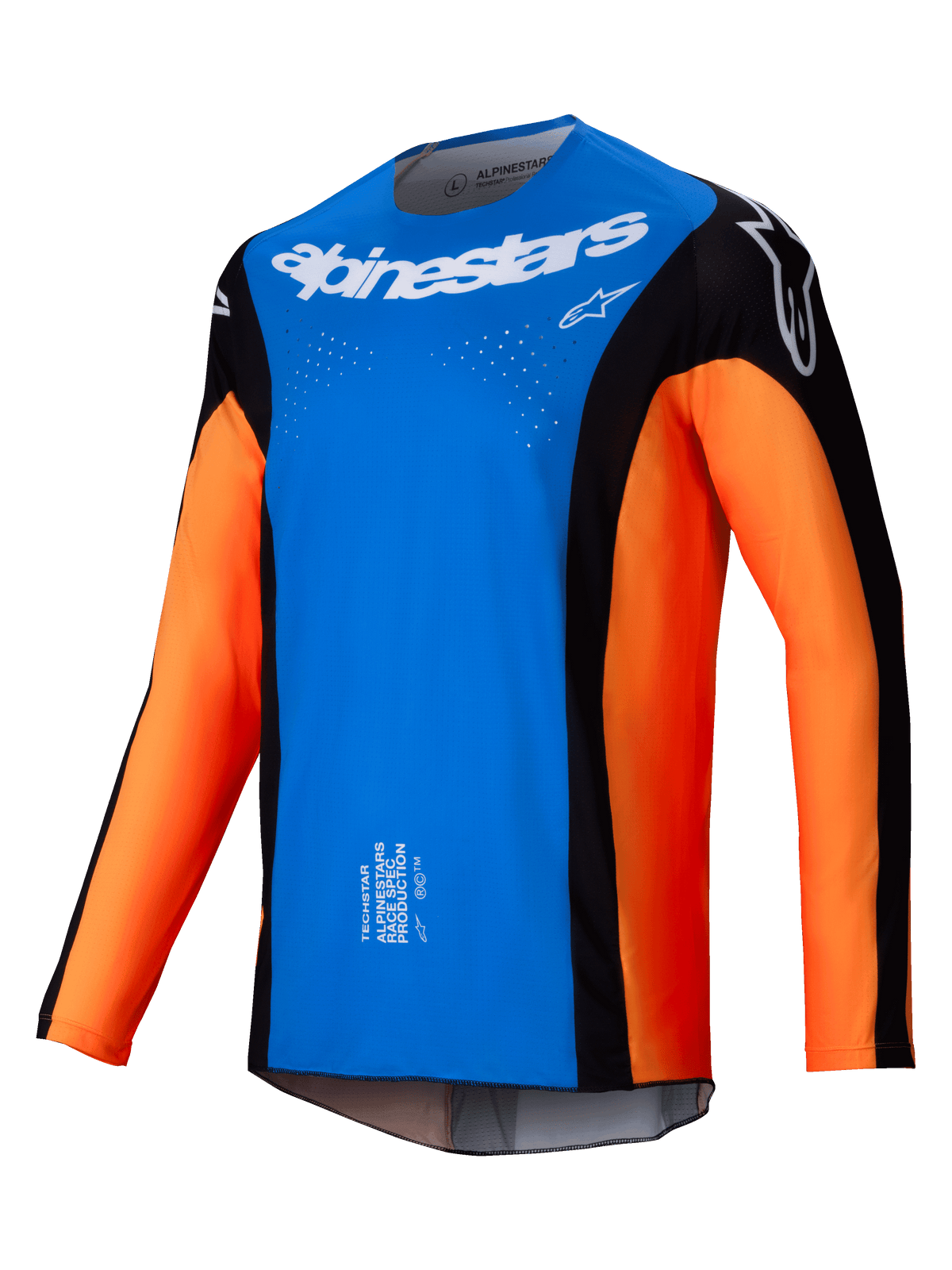 Alpinestars 2025 Techstar Melt Jersey, Motocross-Jersey, Hellblau und Orange mit schwarzen Panels, weißes Alpinestars-Logo auf der Brust, lasergeschnittene Belüftungslöcher, technisches Langarm-Design für Offroad-Rennsport