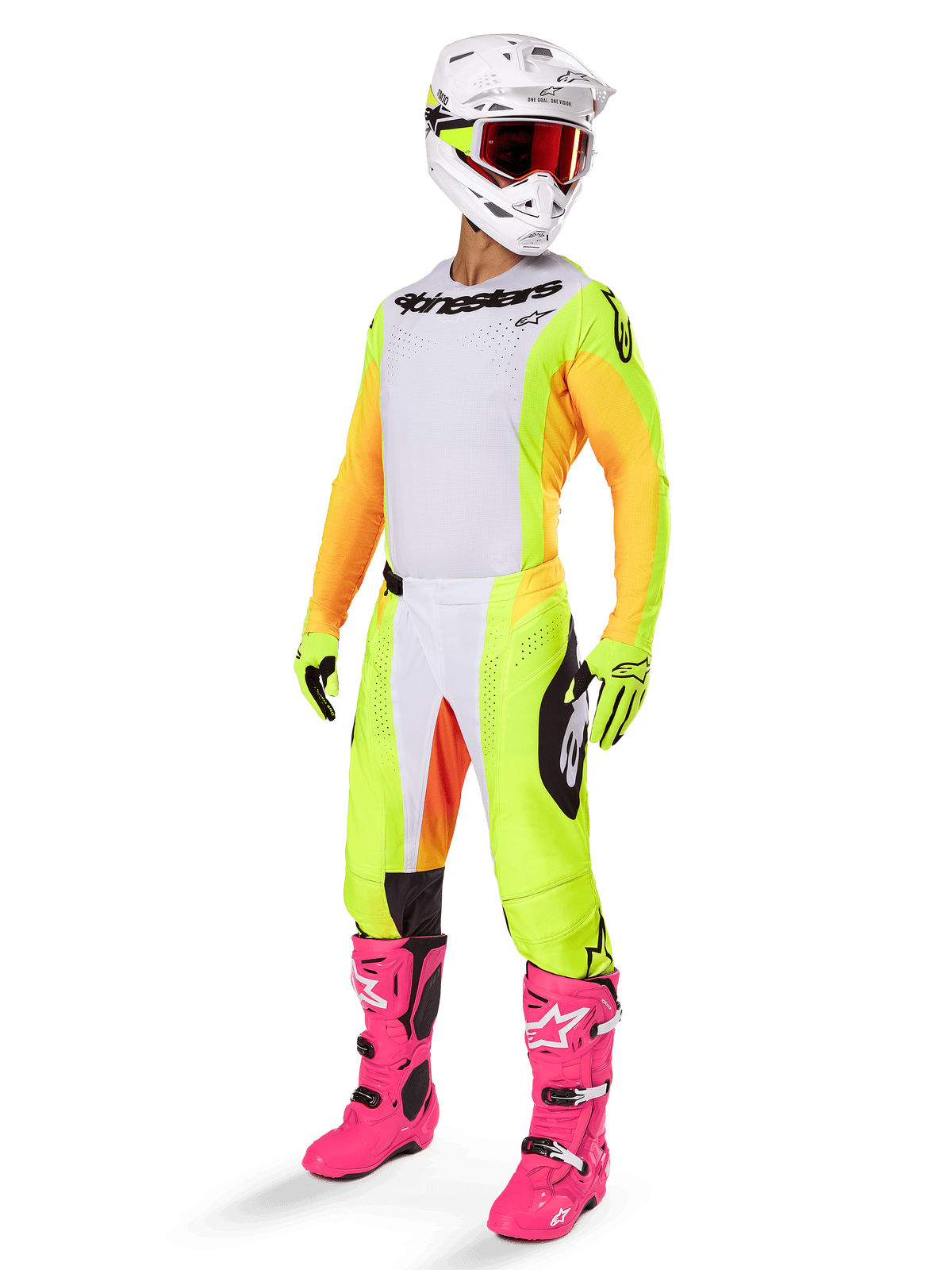 Motocross rider wearing complete racing gear featuring the Alpinestars 2025 Techstar Melt Jersey, white front with yellow side panels and orange sleeves, matching yellow and white pants, white helmet with red goggles, and vibrant pink boots, professional off-road racing kit.
