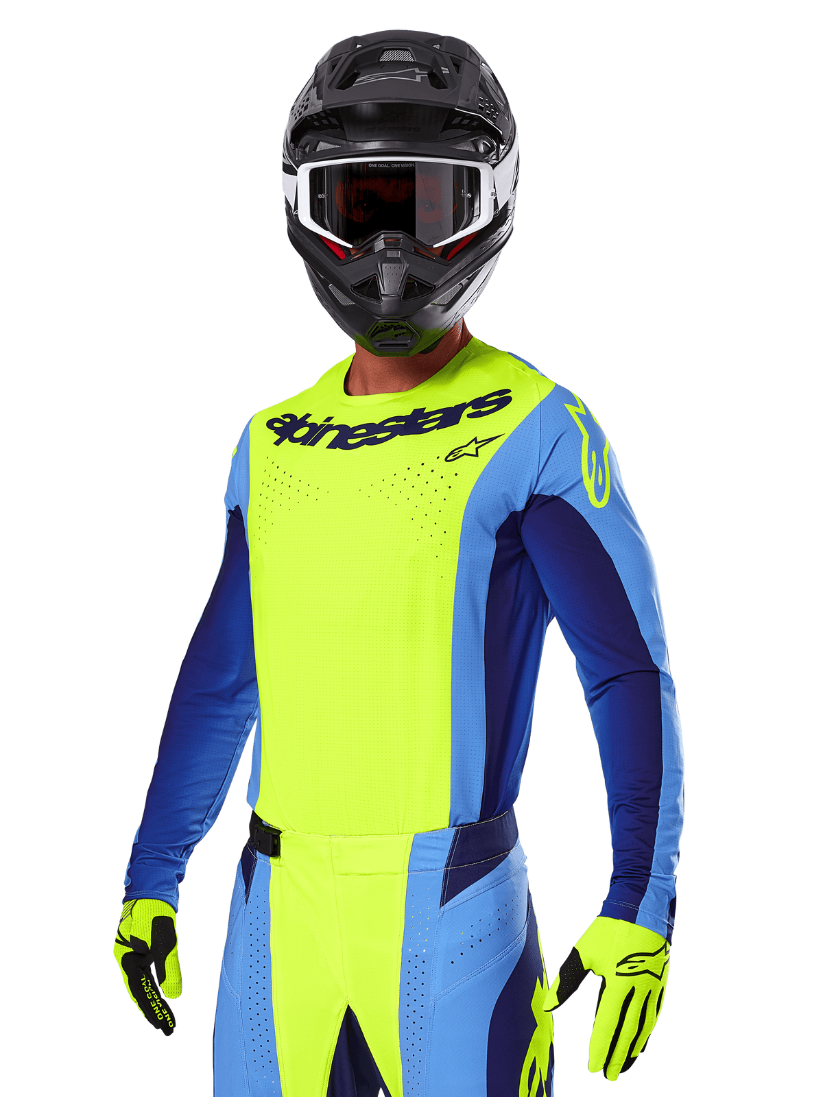 Alpinestars 2025 Techstar Melt Gear Set, Motocross-Fahrer in leuchtend gelbem und blauem Jersey mit passender Hose, schwarzer Helm mit weiß-schwarzer Brille, gelbe Handschuhe, abgestimmtes Offroad-Rennoutfit mit markantem Alpinestars-Branding und perforierten Details
