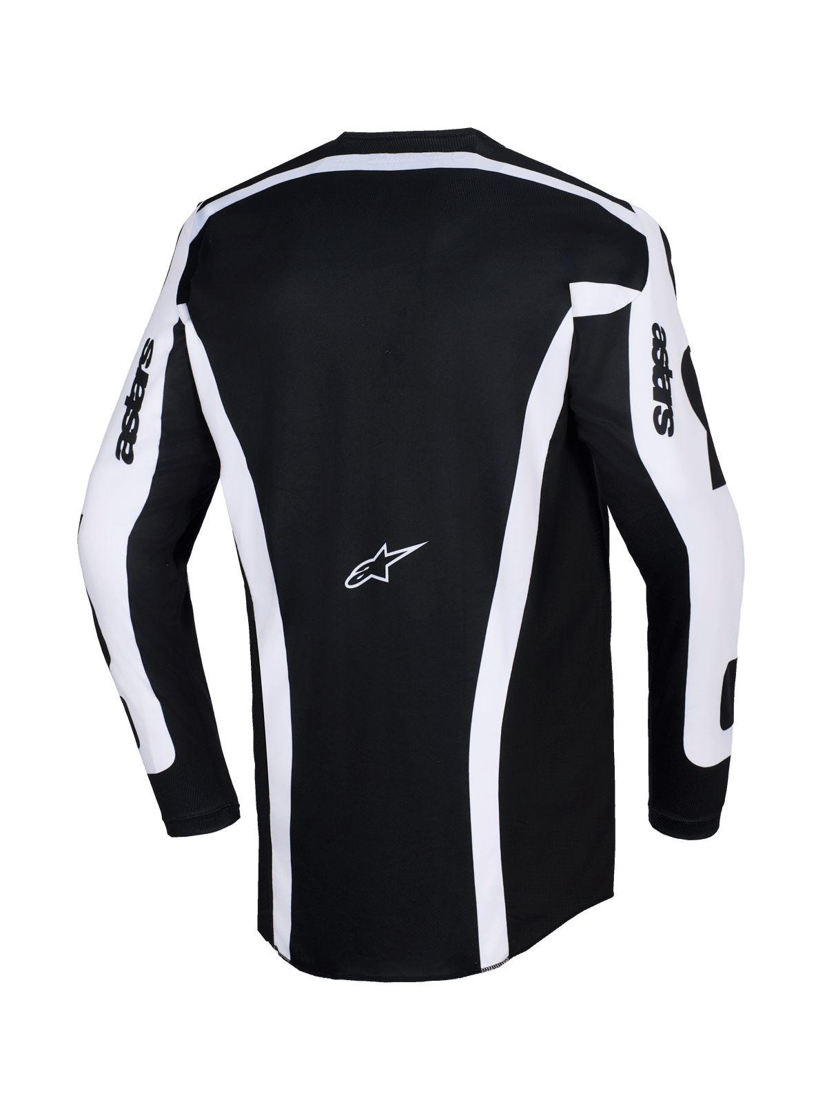 Alpinestars 2026 Racer Riway Jersey, Motocross Jersey, White and Black, Rear view showing black chassis with white vertical stripes and sleeve panels, Astars logo in the center back, 'astars' text on sleeves, extended rear cut for off-road riding coverage