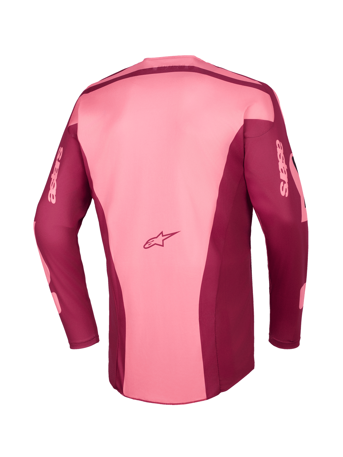 Alpinestars 2026 Racer Riway Trikot, Motocross-Trikot, Dark Red Coral, Rückansicht mit mehrteiliger Konstruktion, Astars-Logo am unteren Rücken und Astars-Branding auf den langen Ärmeln, Performance-Offroad-Ausrüstung
