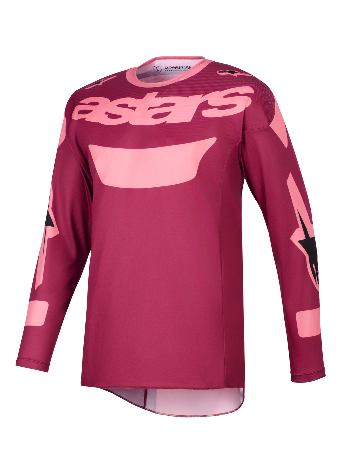 Alpinestars 2026 Racer Riway Trikot, Motocross-Trikot, Dunkelrot-Koralle, mit hellrosa „astars“-Schriftzug auf der Brust und grafischen Akzenten an den Ärmeln, langärmelige technische Fahrerausrüstung für Offroad-Performance