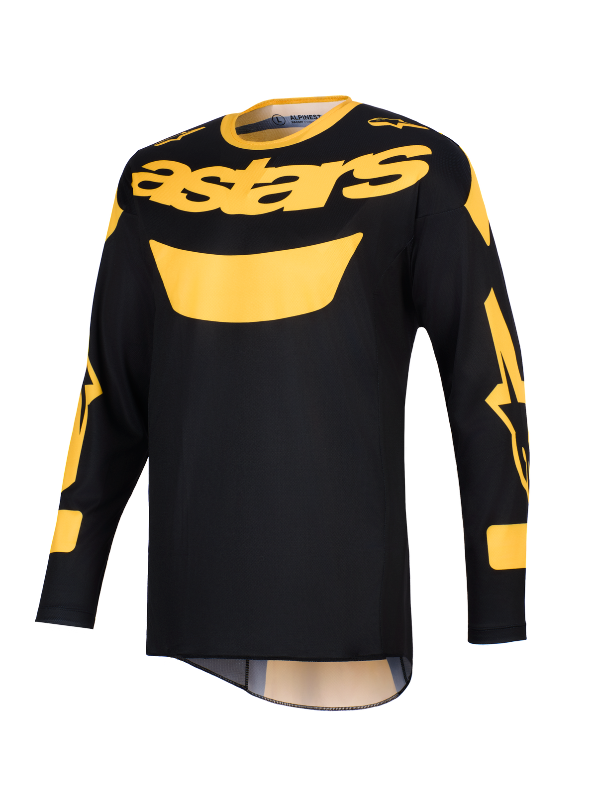 Alpinestars 2026 Racer Riway Jersey, motorcross shirt, geel en zwart, opvallend geel 'astars' logo op de borst, lange mouwen met grafische accenten, lichtgewicht polyfabric constructie voor off-road rijden.