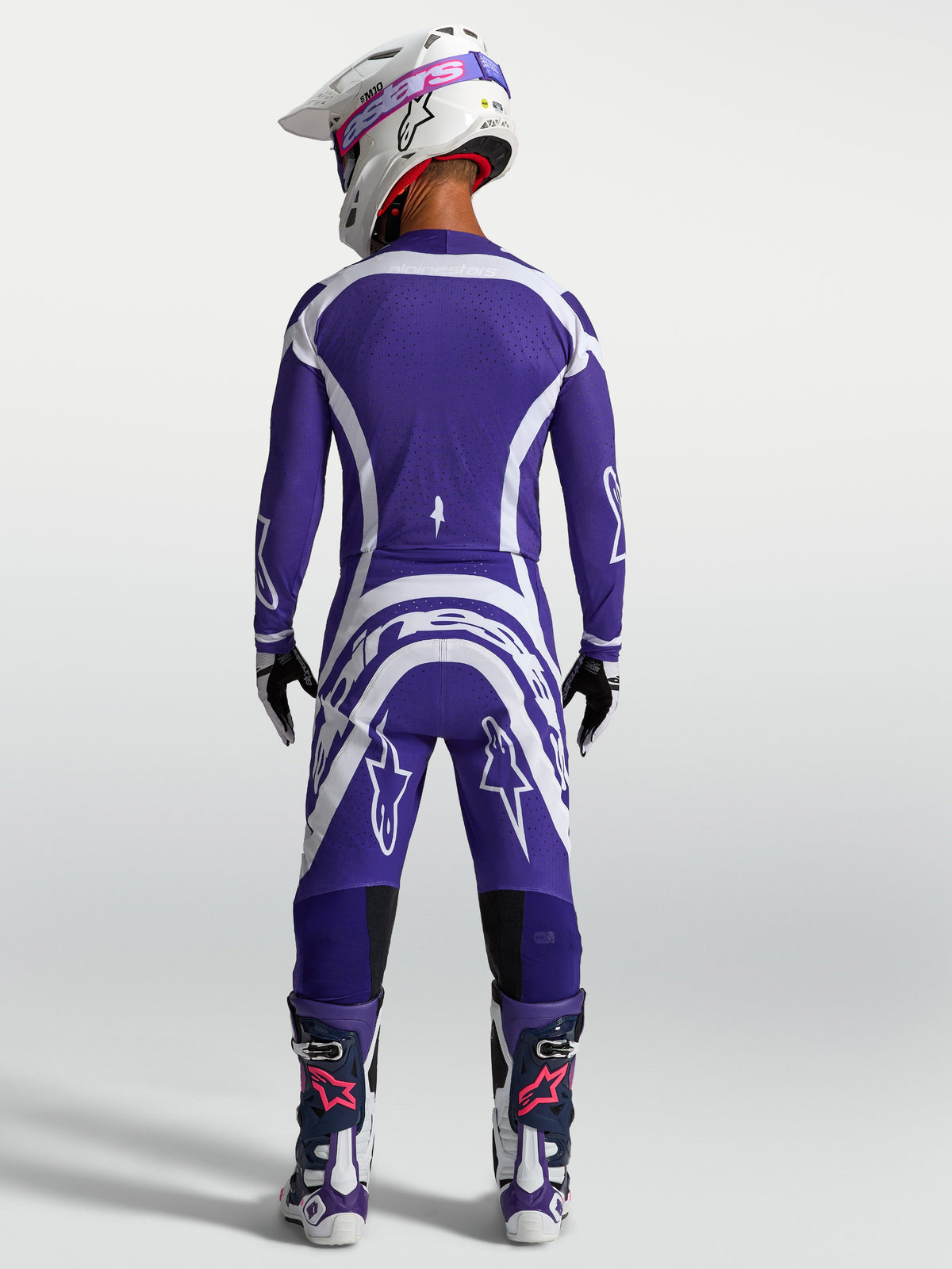 Alpinestars Supertech Vesta, maillot et ensemble de motocross pour homme, bleu foncé et blanc, vue de dos, coupe athlétique