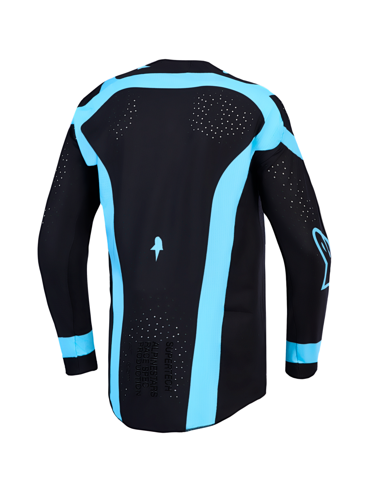 Alpinestars Supertech Vesta, maillot de motocross pour homme, noir et turquoise, avec perforations laser au dos, vue arrière.