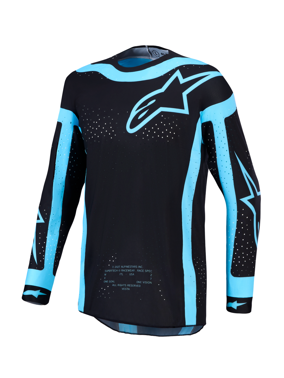 Maillot Alpinestars Supertech Vesta et Supertech Vesta Gear Set, maillot de motocross pour homme, noir et bleu turquoise avec ventilations découpées au laser