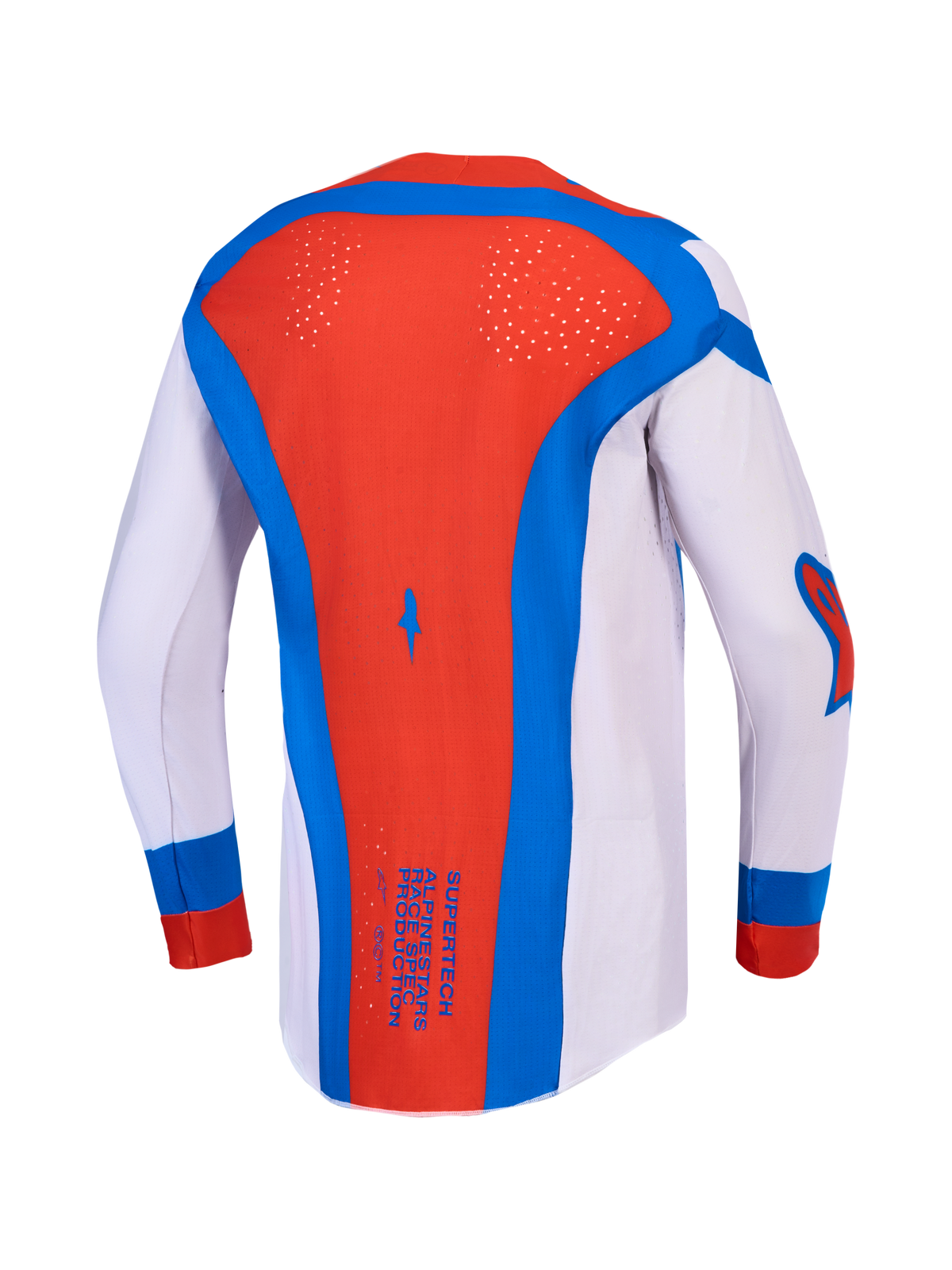 Alpinestars Supertech Vesta, maillot de motocross pour homme, lilas et rouge, ventilations laser, vue de dos.