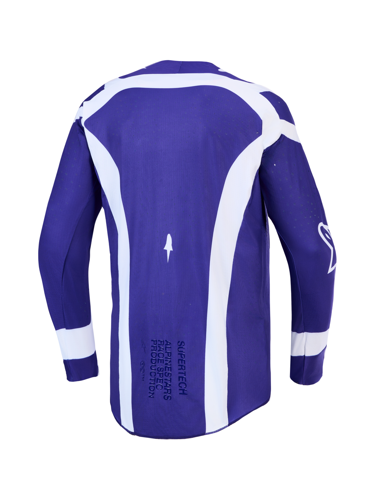 Maillot Alpinestars Supertech Vesta, maillot de motocross pour homme, bleu foncé et blanc, maille extensible, vue de dos.