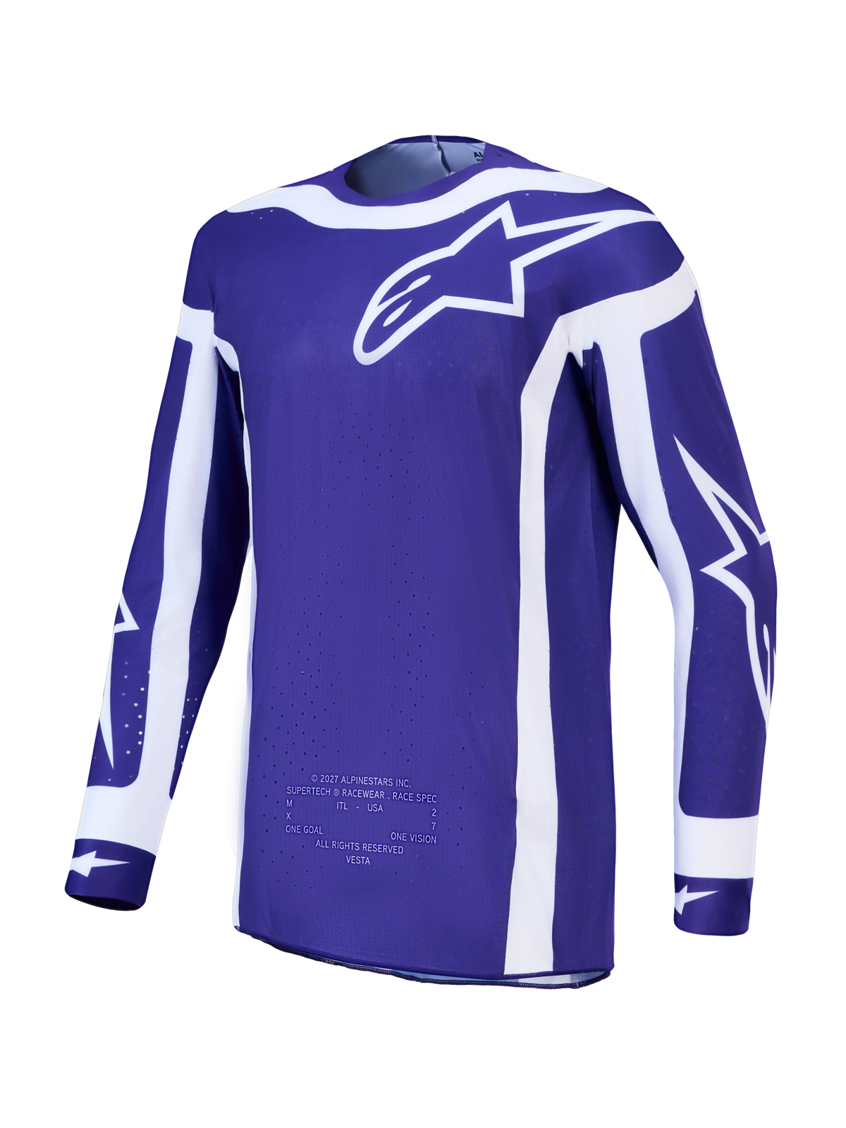 Maillot Alpinestars Supertech Vesta, maillot de motocross pour homme bleu foncé et blanc en maille extensible.