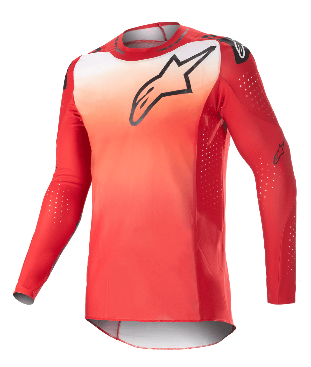 Alpinestars 2023 Supertech Risen Jersey, Long-Sleeve Motocross Jersey, Mars Red and White gradient, black Astars logo on chest, perforated sleeves with white ventilation dots, athletic race fit for off-road performance