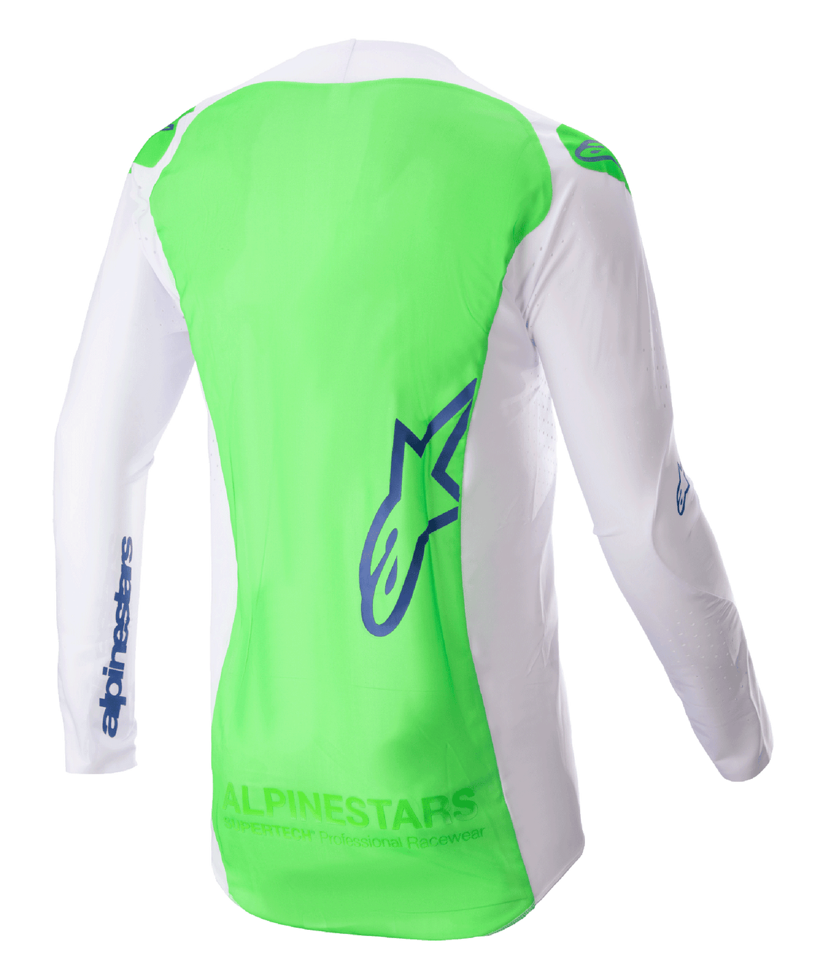 Alpinestars 2023 Supertech Risen Jersey, motocross jersey, wit en fluogroen met Blue Ray-accenten, achteraanzicht met focus op ademend stretch mesh en verlengd rugpand voor bedekking, lichtgewicht performance-uitrusting voor off-road racen