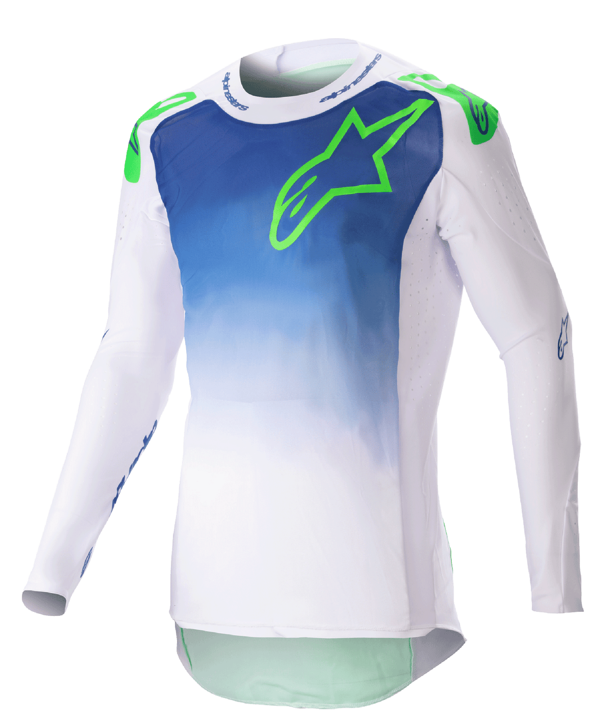 Alpinestars 2023 Supertech Risen Jersey, motorcross shirt, blauw en wit met fluoriserend groen logo, kleurverloop op de romp, geperforeerde lange mouwen, atletische racepasvorm, off-road race-uitrusting