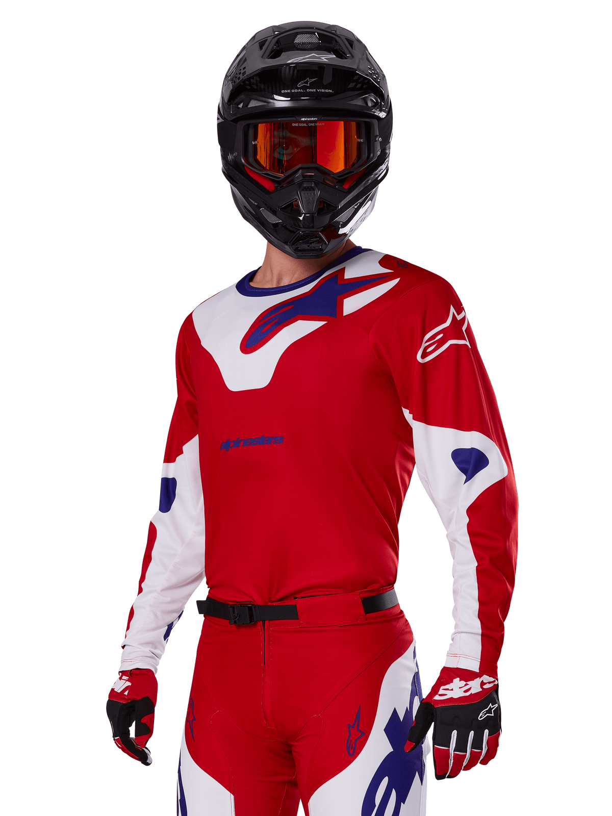Alpinestars 2025 Racer Veil Gear Set, Motocross-Fahrer in rot-weiß-blauem Renntrikot und Hose, schwarzer Helm mit orange verspiegelter Brille, rot-weiße Handschuhe, Performance-Offroad-Ausrüstung mit markantem Branding