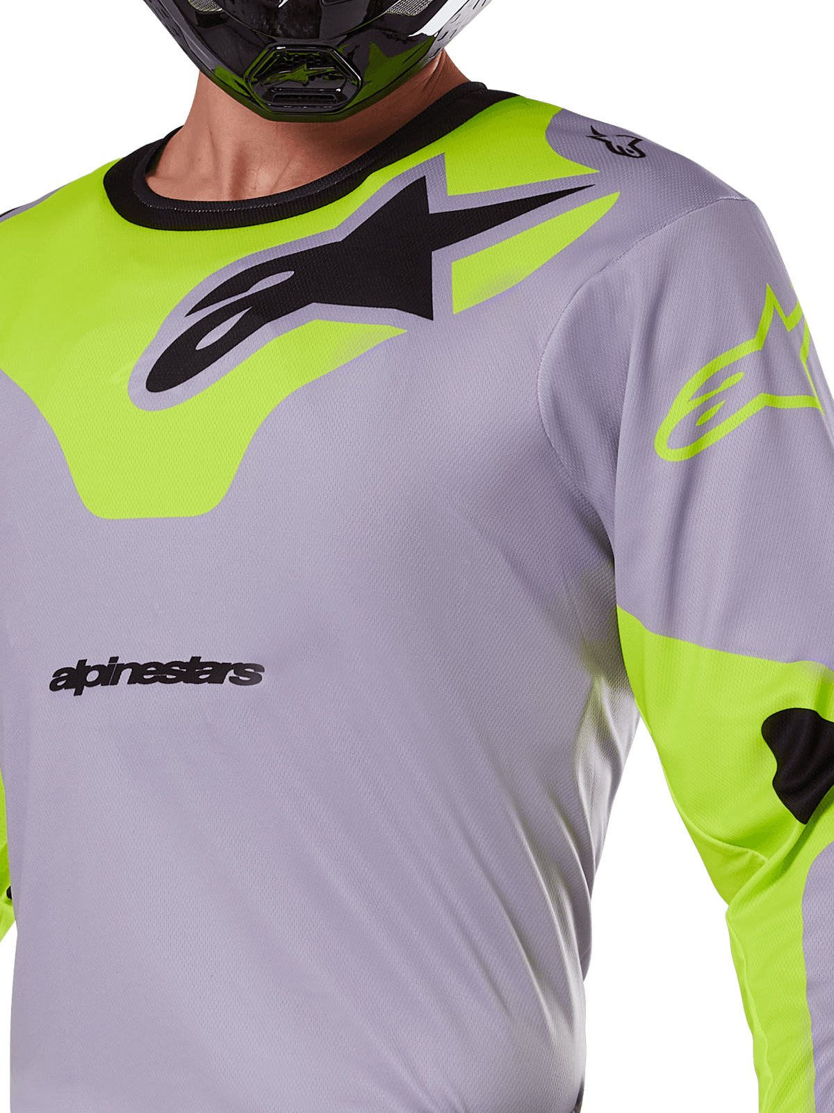 Alpinestars 2025 Racer Veil Trikot, Motocross-Trikot, Grau und Gelb Fluo, mit einem großen schwarzen Astars-Logo auf der Brust, neongelben Schulter- und Ärmeleinsätzen, technisches Mesh-Gewebe für den Offroad-Rennsport