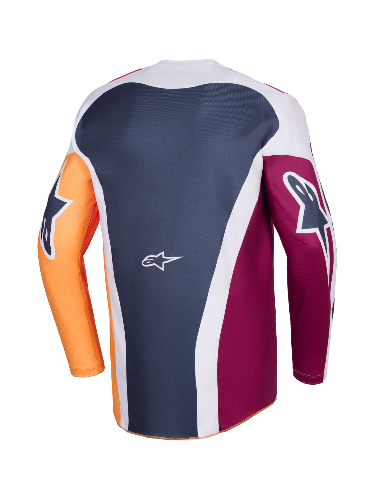 Maillot Alpinestars Racer Portl 2026, maillot de motocross, rouge, orange et gris foncé, vue arrière montrant la construction multi-panneaux, logo Alpinestars blanc dans le bas du dos, logos graphiques sur les manches longues, équipement de performance pour la course tout-terrain