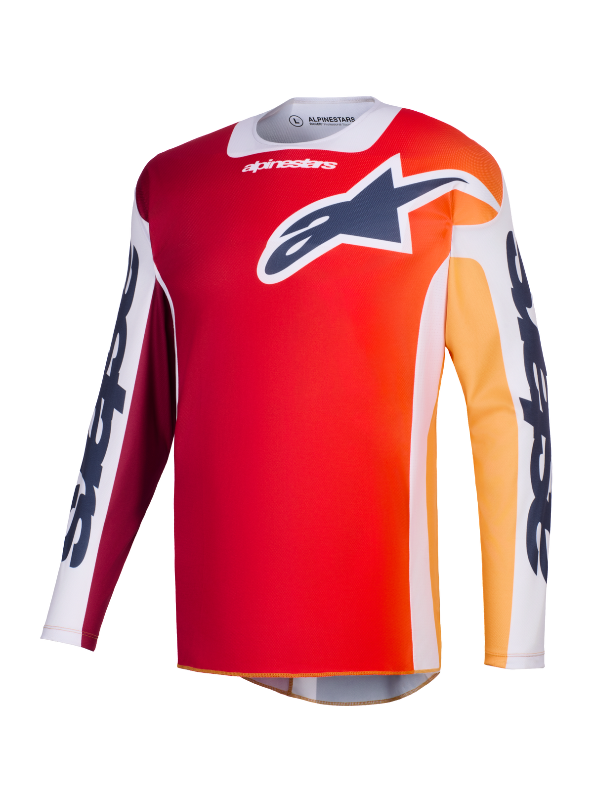 Maillot Alpinestars Racer Portl 2026, maillot de motocross, rouge avec dégradé orange et jaune, logo Astar bleu marine sur la poitrine, empiècements blancs sur les manches avec marquage Alpinestars imposant, équipement technique de performance pour la course tout-terrain